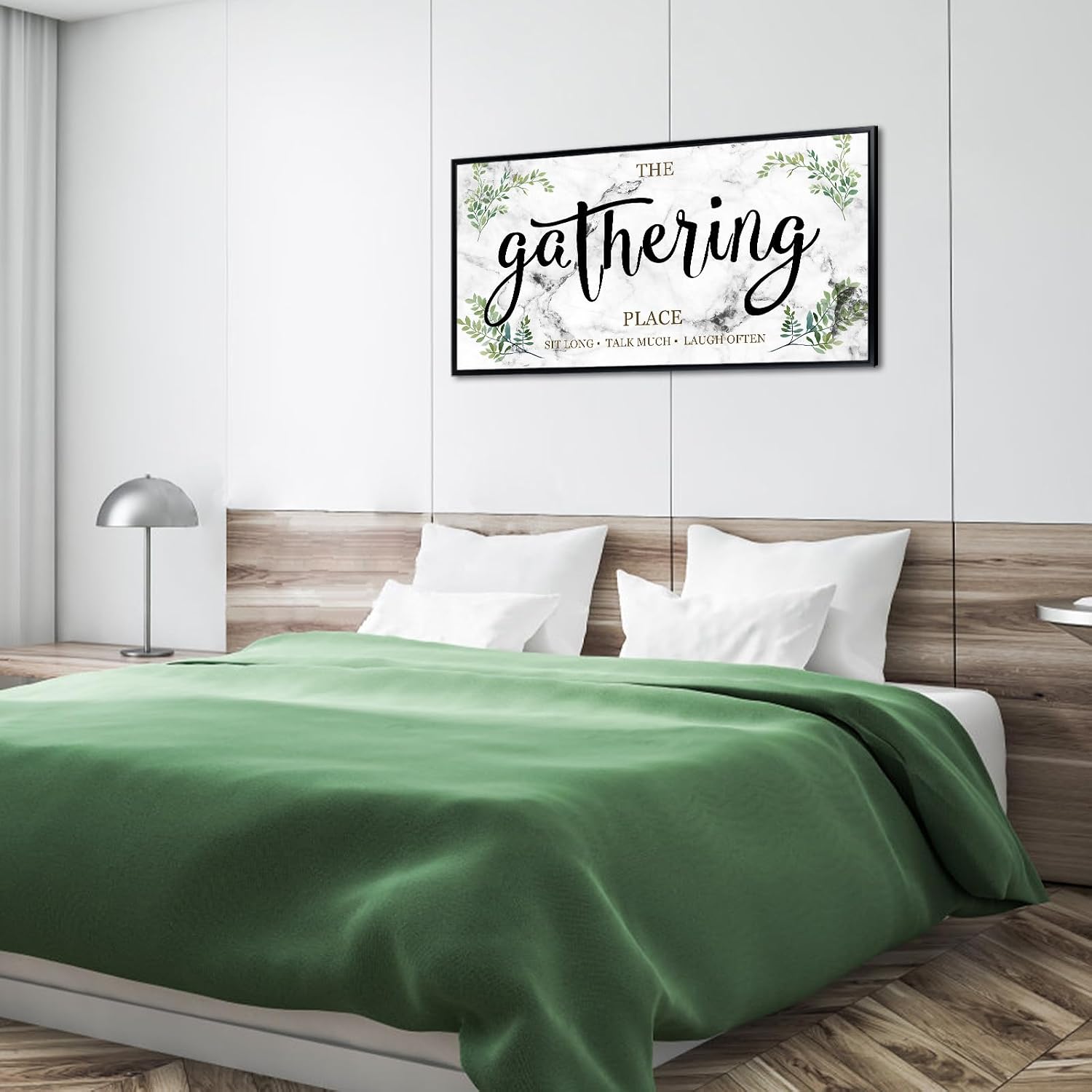 iLOOKLiKE The Gathering Place Sign Wall Art Rustic Gather Canvas Prints Sit Long Talk Much Laugh Often Artwork Black Floater Frame for Home Kitchen Dining Room 20"x40"