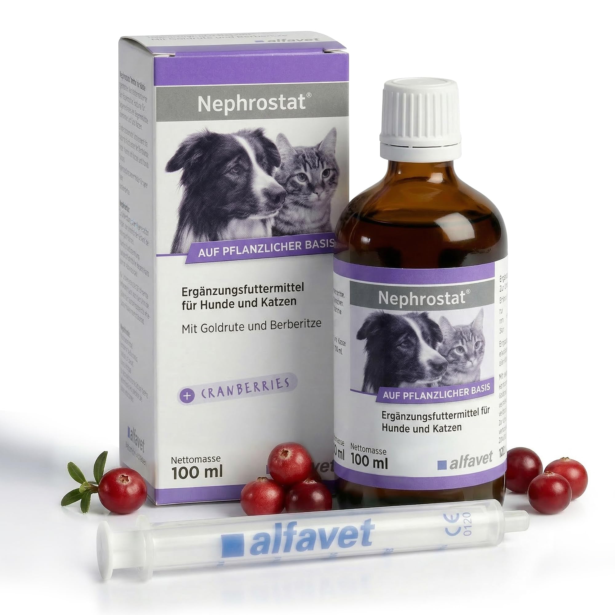 alfavet Nephrostat 100 ml – Ergänzungsfuttermittel für Hunde & Katzen – Tonikum zur Unterstützung der Harnorgane – Mit Goldrute, Birke & Orthosiphon – Inkl. Dosierspritze