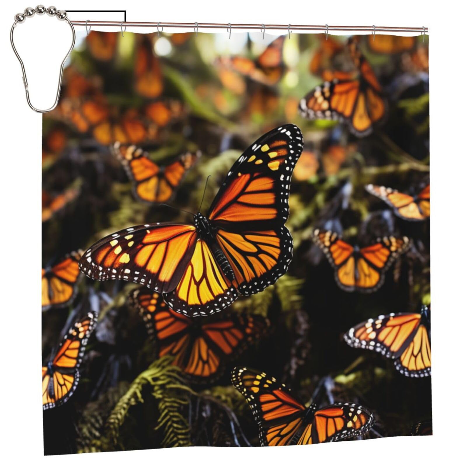 Heaps of Orange Monarch Butterflies Shower Curtain 70"x70" Waterproof Long Bathroom Curtain Heavy Duty Thick Cloth Bath Curtain Set with Hooks, Modern Abstract Art Pattern Bathroom Shower Curtains