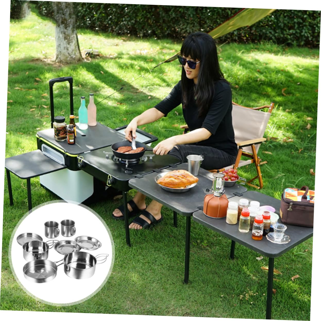 Kit Cuisine Poêle Pliable en Acier Inoxydable Portable 8 Pièces Résistante à l'usure, Set Complet pour Randonnée et Camping pour 5-6 Personnes