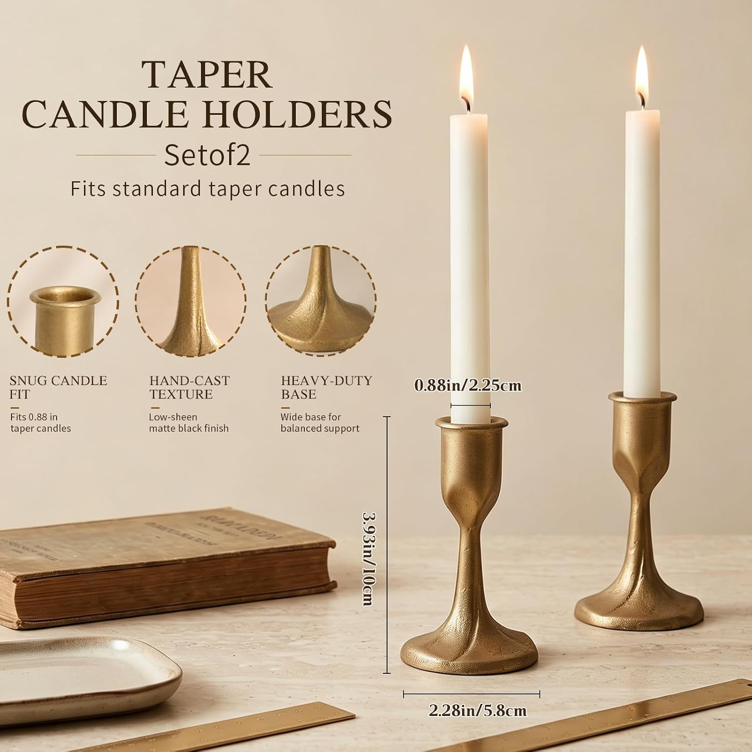 Set of 2 Iron Taper Candle Holders Cast Iron Vintage Brass-Colored