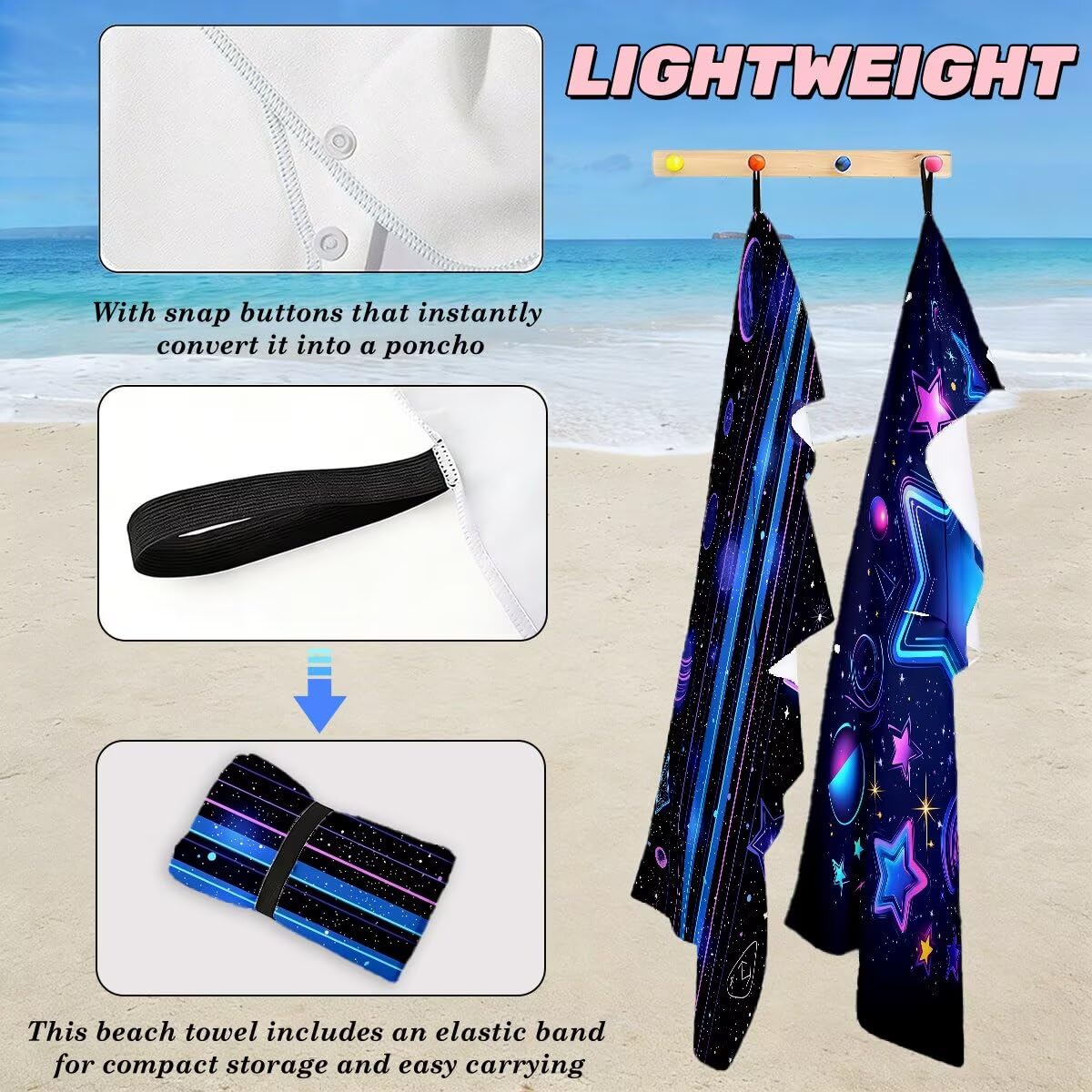 Ręcznik plażowy 90 x 180 cm, ręcznik gimnastyczny z mikrofibry szybkoschnący zestaw 2 ręczników plażowych, lekki kompaktowy ręcznik z mikrofibry duży do podróży, prezent dla mężczyzn i kobiet (gwiazda