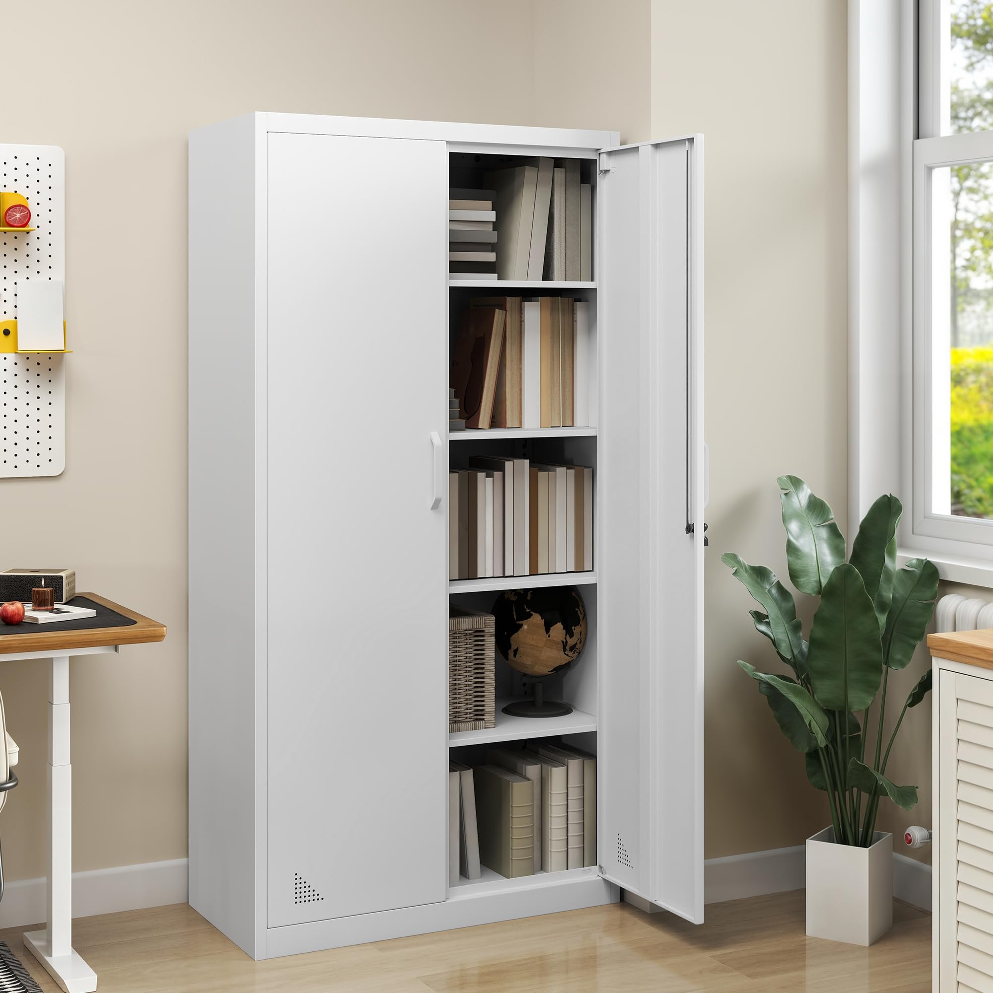DWVO Metallschrank Abschließbar 4 Regale Stahlschrank Weiß 180x60x34cm