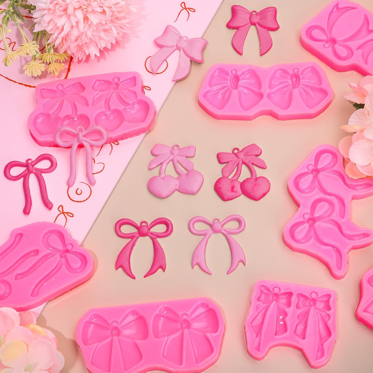 FYSUIMU 9 Pairs Pink Bow Earring Resin Molds with 40 Pcs Earring Hook Coquette Bowtie Cherry Dangle Earrings Silicone Mould for Women Pendant Jewelry Key Chains Making DIY Crafts