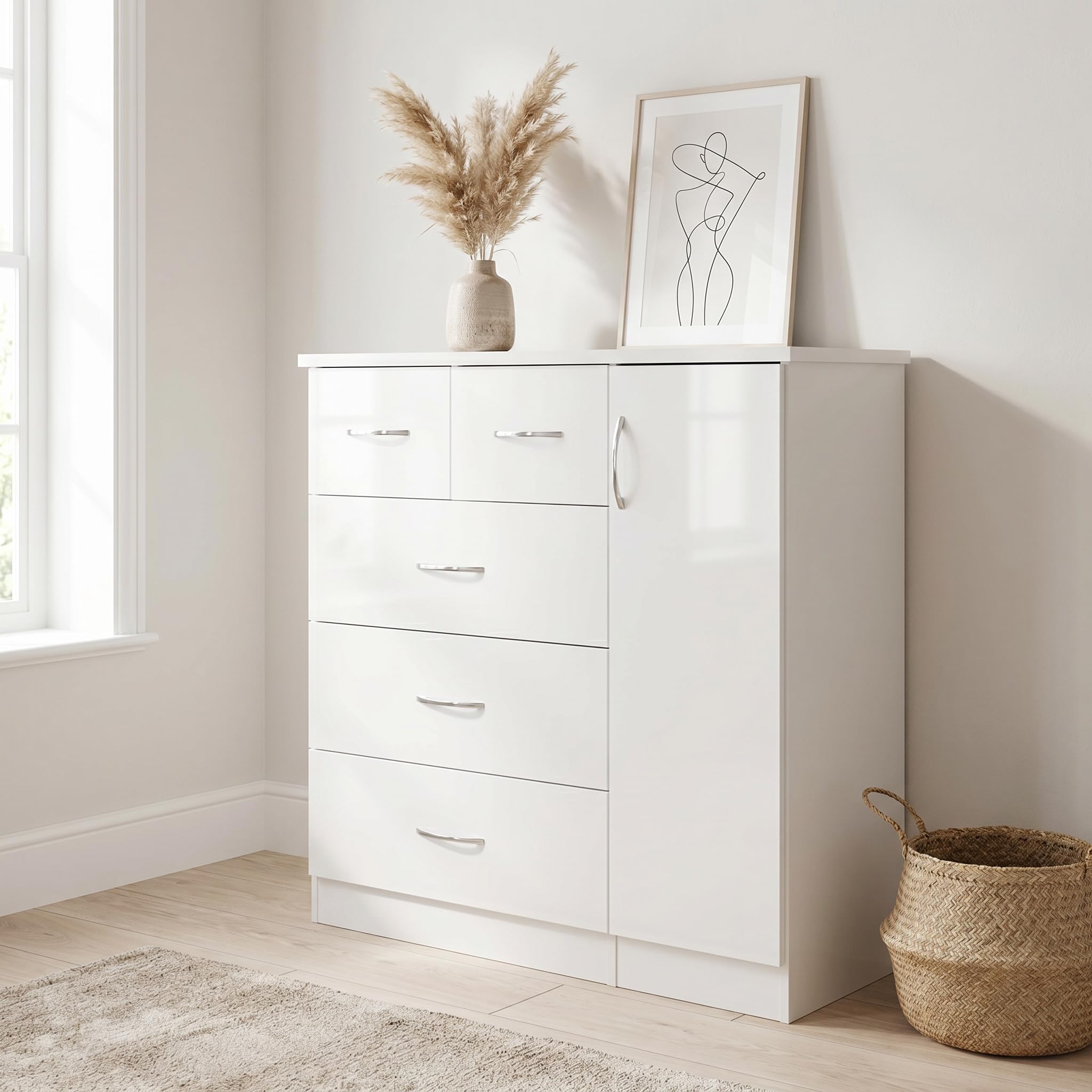Seconique Nevada 5 Drawer Low Wardrobe in White Gloss