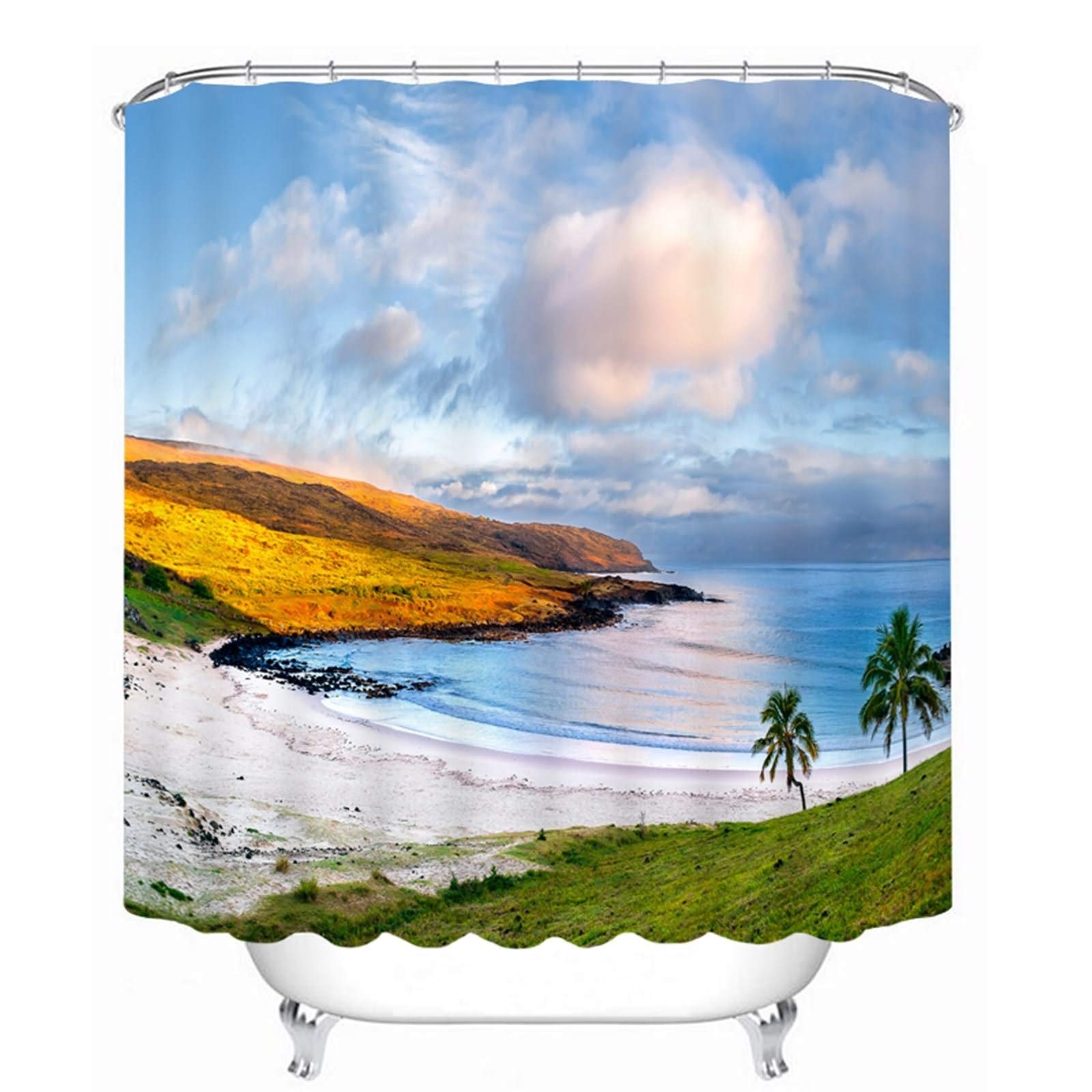 Rideau de douche anti éclaboussures 180x180cm KnSam motif plage 3D bleu vert