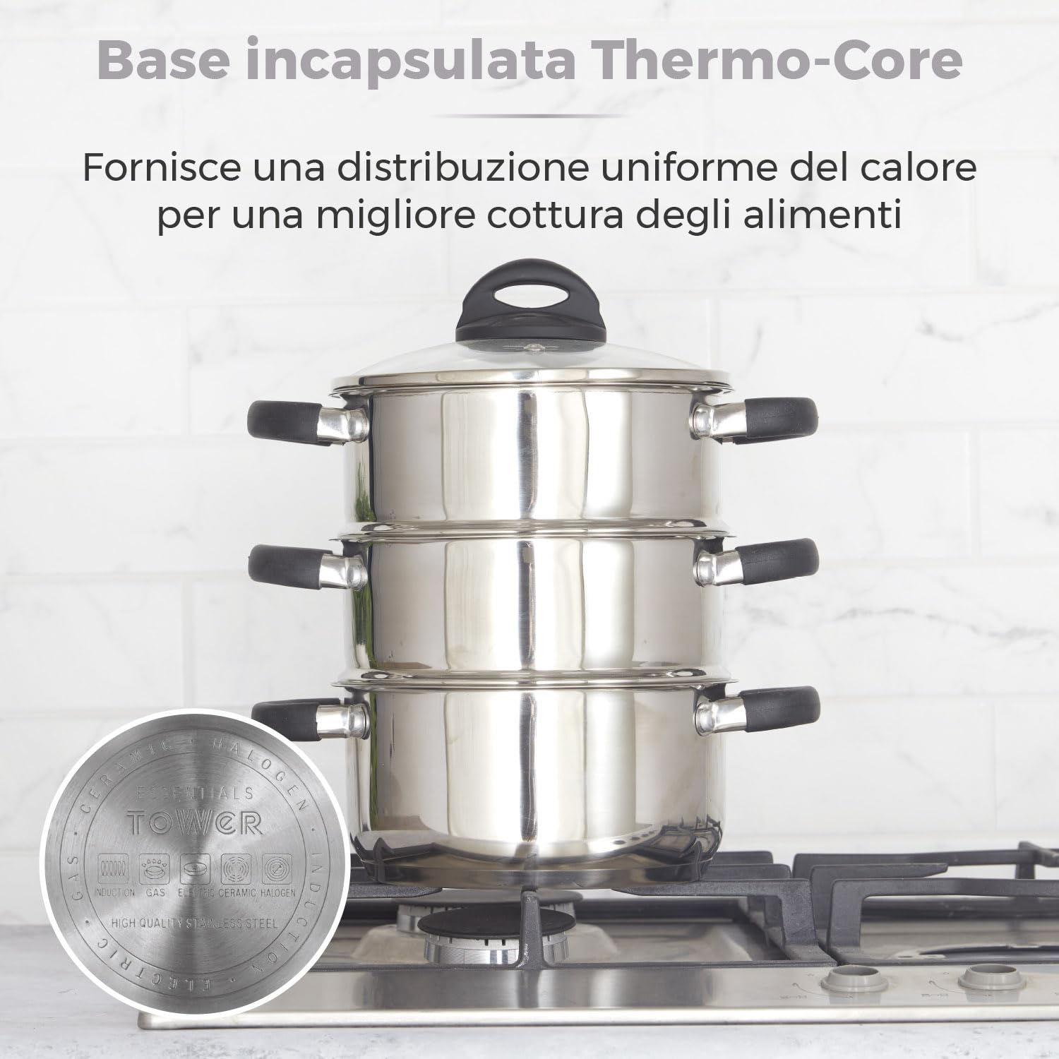 Tower T80836 Essentials Vaporiera Pentola Induzione per Cottura Vapore a 3 Ripiani con Coperchio in Vetro, in Acciaio Inox con Manici in Silicone, 18 cm, Argento