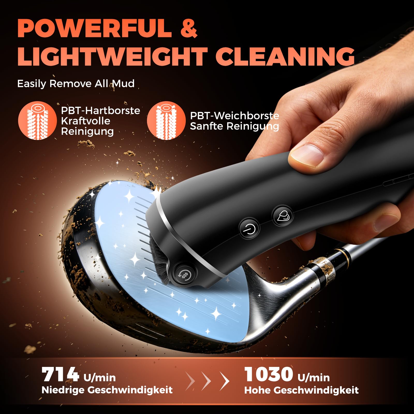 Elektrische Golf Bürste mit Wassertank, 360°Auto‑Rotation Golfschläger Bürste, 100ml Tank, 2000 mAh USB-C Schnellladung, 2 Precision Brush& 2 Stufen, Transporttasche, Golf Geschenk