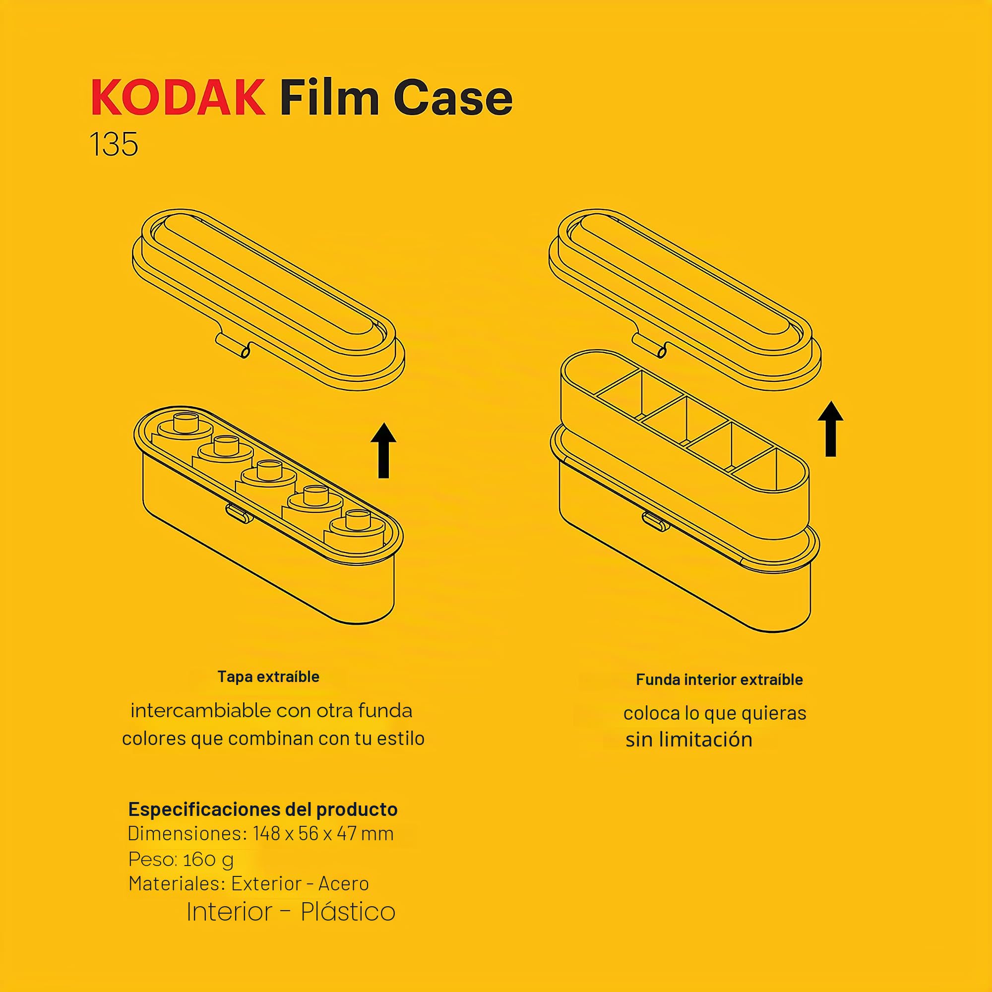 Kodak Estuche para 5 Rollos de películas de 35 mm, Caja compacta de Acero Retro para clasificar y Proteger Rollos de película (película no incluida)