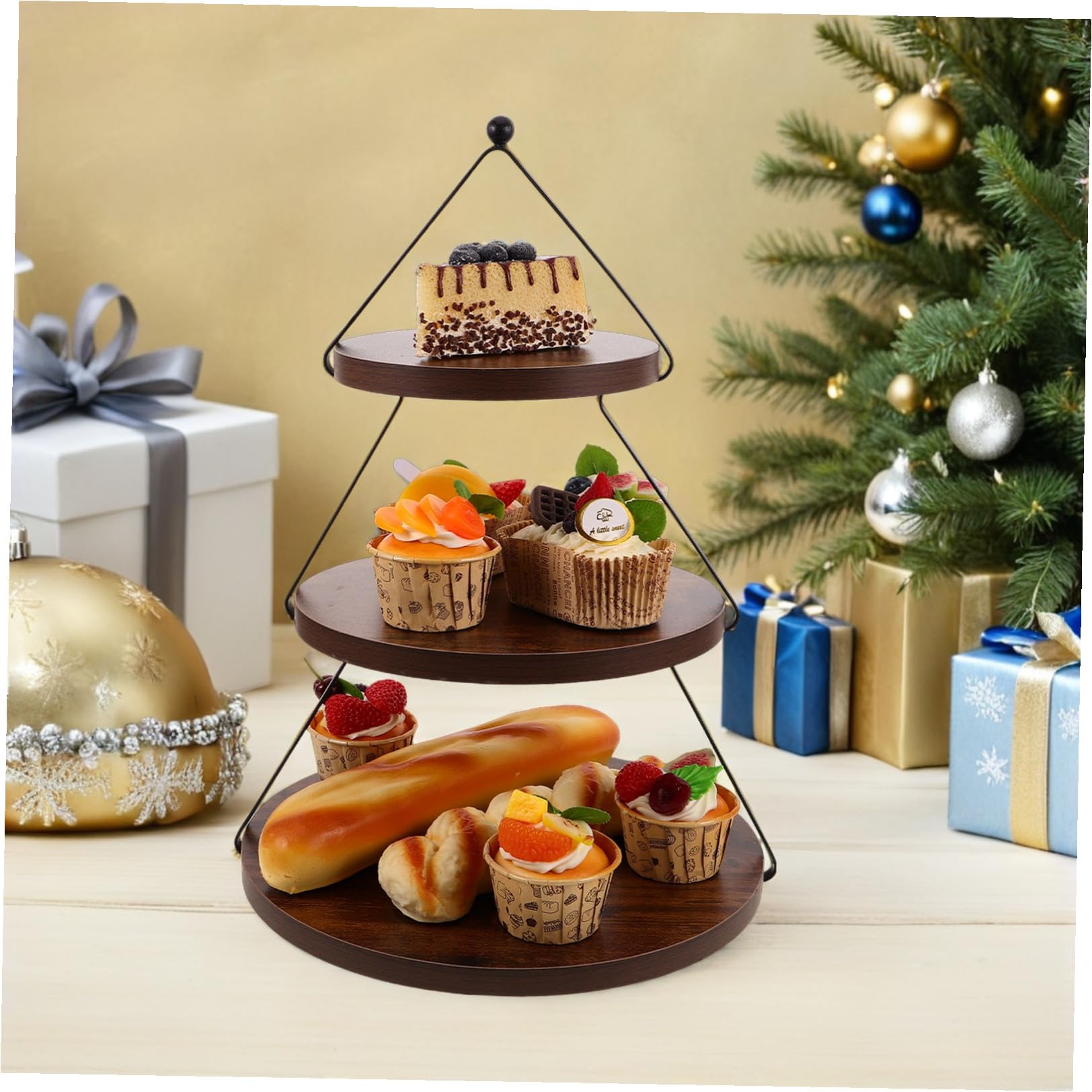 Alzata per Torte e Cupcake in Legno e Ferro a Tre Piani Design Rustico a Forma di Albero di Natale per Decorazioni Natalizie e Servizio Dessert