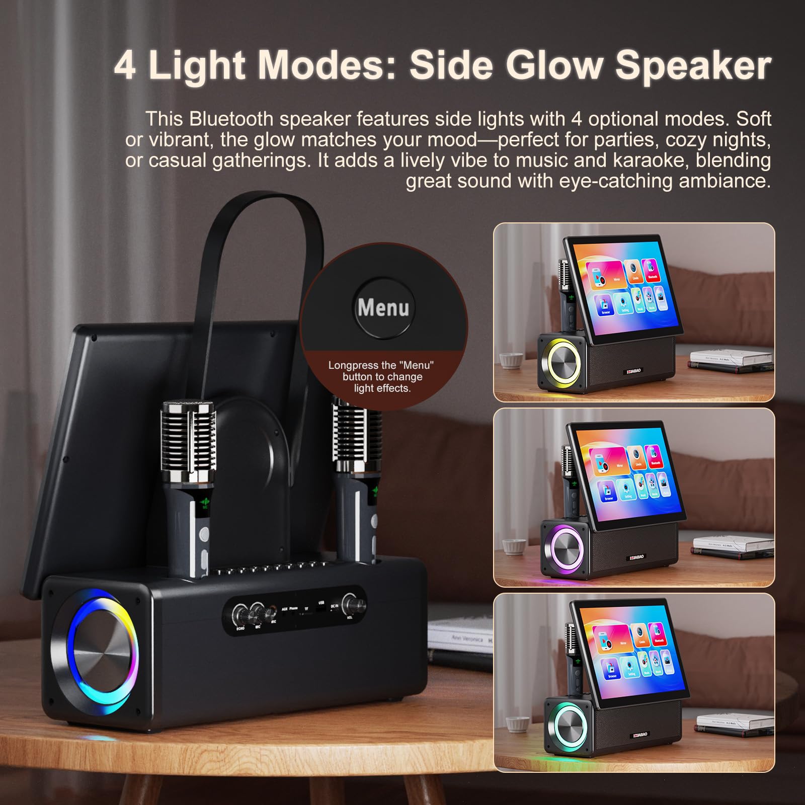 Tragbare Karaoke-Maschine mit 14,1-Zoll-HD-Drehbildschirm, kabelloser Bildschirmspiegelung für Android und iOS, Bluetooth-Party-Lautsprecher mit Liedtextanzeige und Beleuchtung, 2 Mikrofone