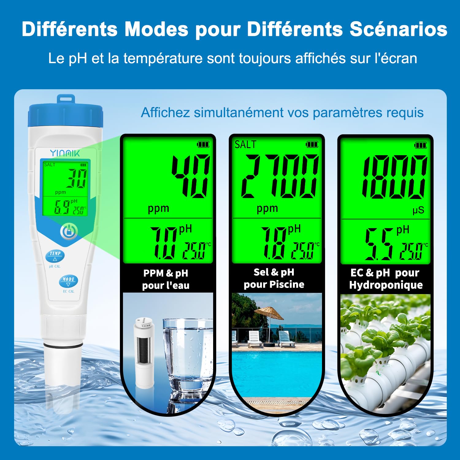 YINMIK Testeur Sel Piscine, Testeur de pH et Salinité Piscine avec Affichage Simultané, 5 en 1 Salinomètre, Testeur pH Conductivité Sel EC TDS Temp pour Aquarium, Spa, Eau Potable, Hydroponique Visite