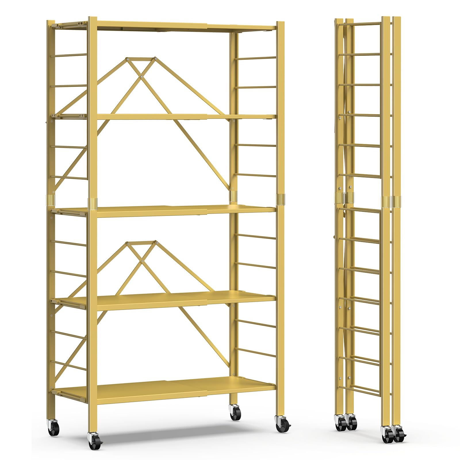 Photo 1 of 5 Tier Foldable Storage Shelves, Expandable Folding Shelving Units with Wheels, Changeable into 2 Shelf Units, Collapsible Adjustable Storage Rack Metal Shelves for Storage, Pantry, Garage, Gold