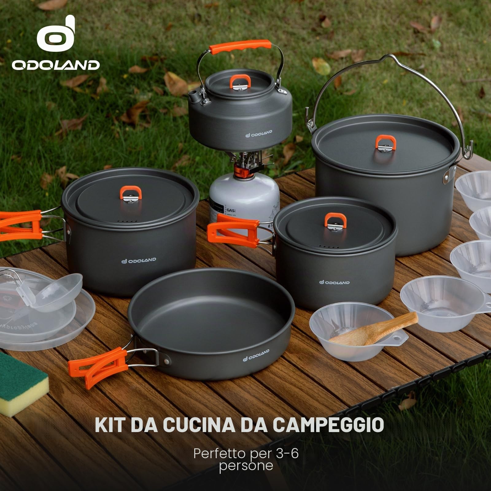 Odoland Set di Pentole da Campeggio 18 Pezzi per 1-5 Persone, Kit di Campeggio con 3 Pentole, 1 Padella e 1 Bollitore, per Campeggio Trekking Escursioni Viaggio Cucina Outdoor e Picnic