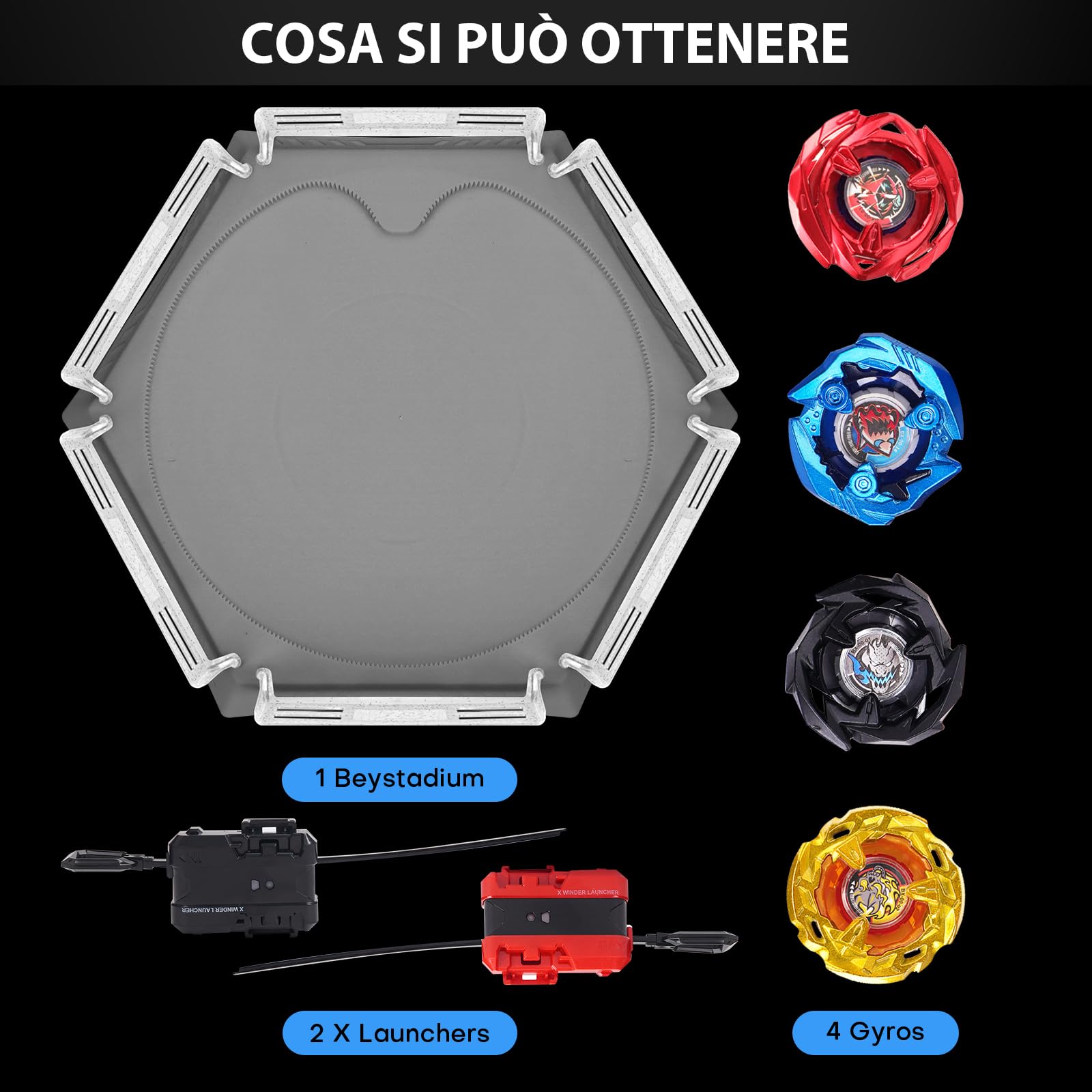 Gyro X Stadium Arena Set dotato di binario di accelerazione X - 4 Trottola, 2 lanciatori e stadio, arena da combattimento per bambini dai 6 anni in su, giocattolo da combattimento per ragazzi, Grigio