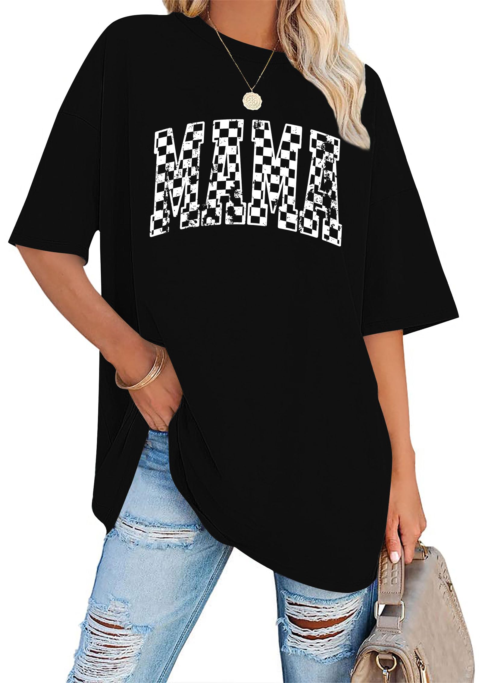 LAZYCHILD Oversized Mama Shirts for Women: Mom Oversized Graphic Tshirts Checkered Mama Short Sleeve Tops