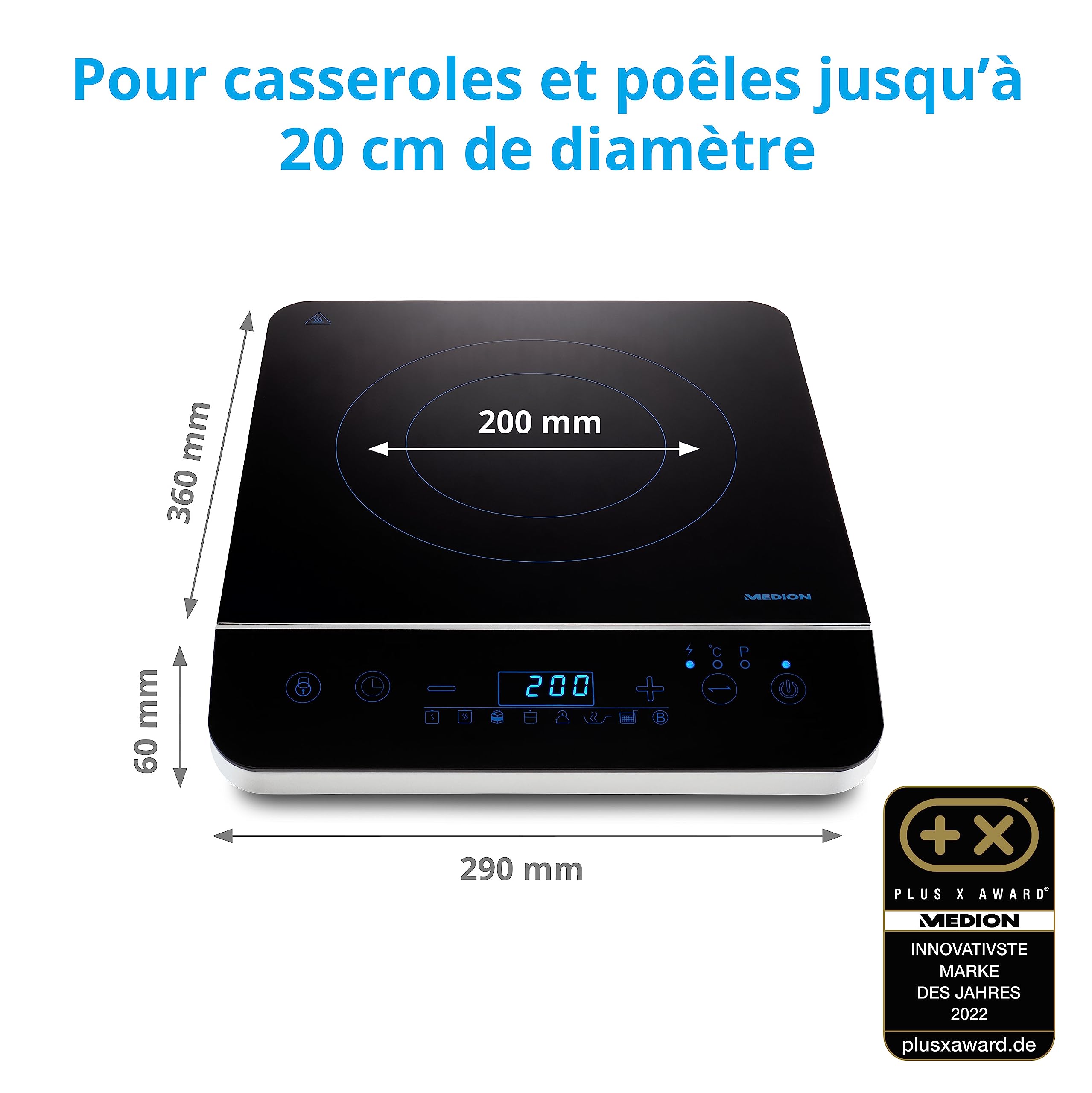 MEDION Plaque de cuisson à induction, 2000 Watt, Plage de température 60-240°C, 8 programmes automatiques, 10 niveaux de puissance, Ecran LED, MD 17595, noir