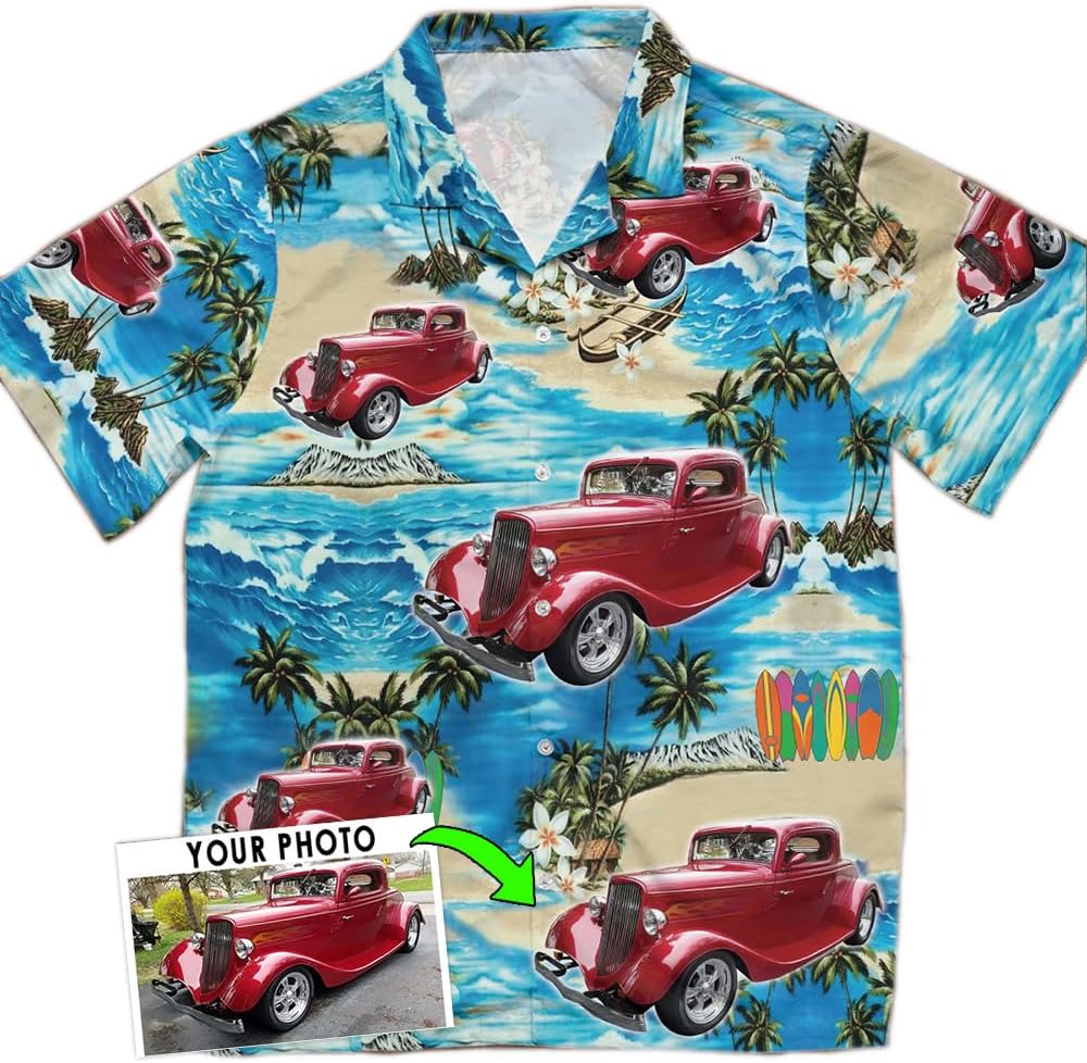 Personalized Classic Car Hot Rod Hawaiian Shirt, Muscle Car Hot Rod Xmas Gifts, Classic Vintage Car Hawaiian Shirt, Custom Car, Street Rod Rat Rod Apparel (HAW2),(Blue, White)