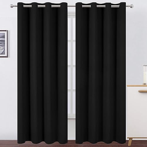 LEMOMO Blackout Curtains 52 x 84 inch Black Curtains Set of 2 Panels Thermal Insulated Room Darkening Bedroom Curtains - 52"W x 84"L (Pack of 2) - Black