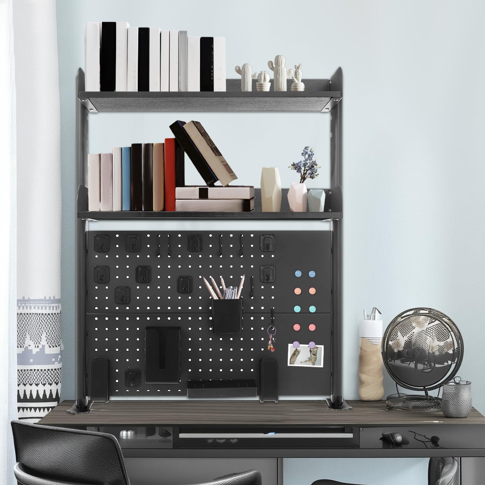 Klemmbare Schreibtisch Regal, 2 Ebenen Büro Computertisch Zubehör Organizer für Büro, Gaming, Zuhause, Aufhängbar, Klemmregal Mit Lochwand (Schwarz, 95x80x12.5cm)