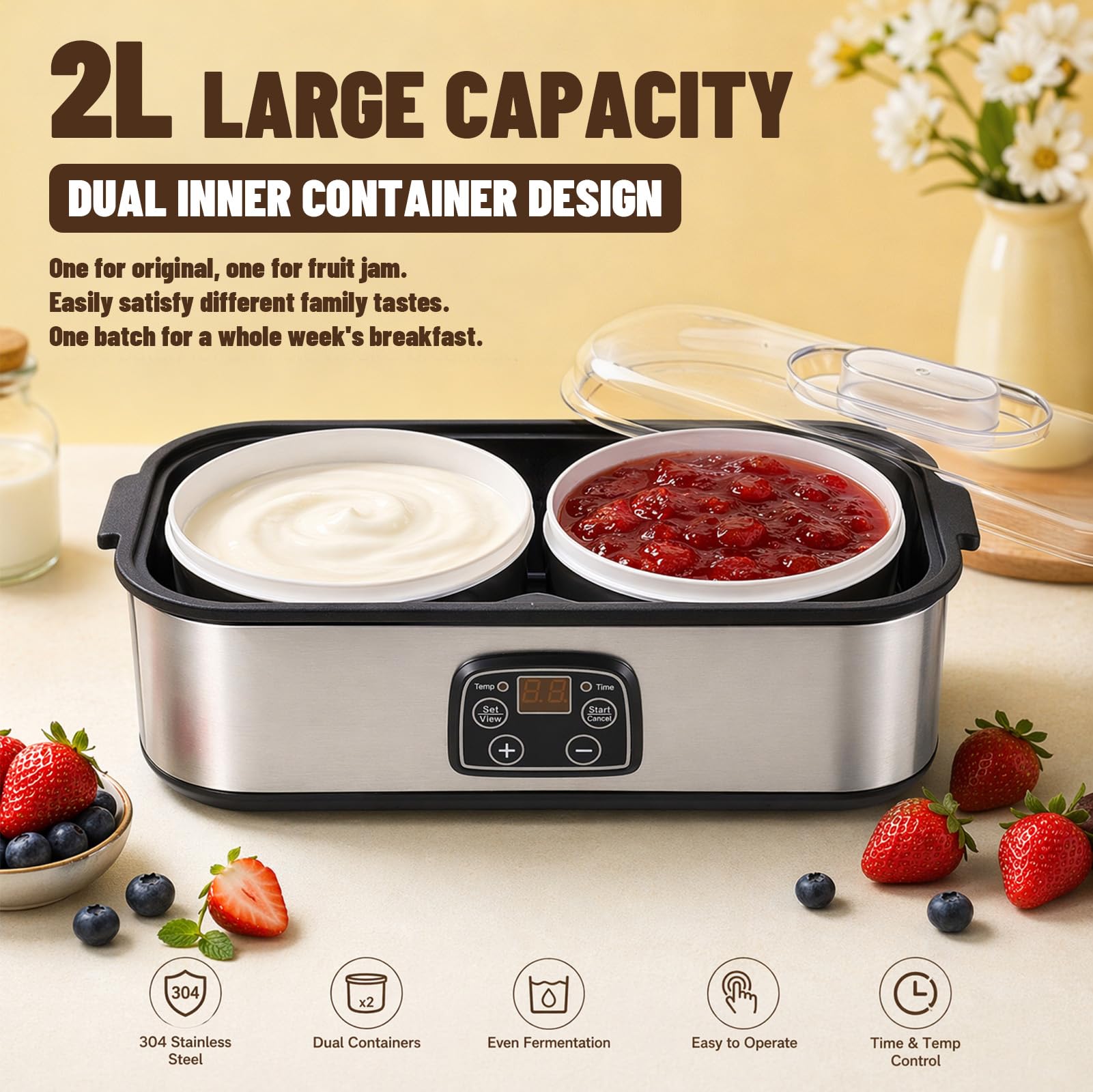 Elektrische Joghurtmaschine 2L, Automatischer Joghurtbereiter mit Einstellbarer Temperatur und Digitalem Timer, Yogurt Maker mit 2 Glasbehälter für DIY Selbstgemachten Joghurt, Käse, Reiswein, Natto