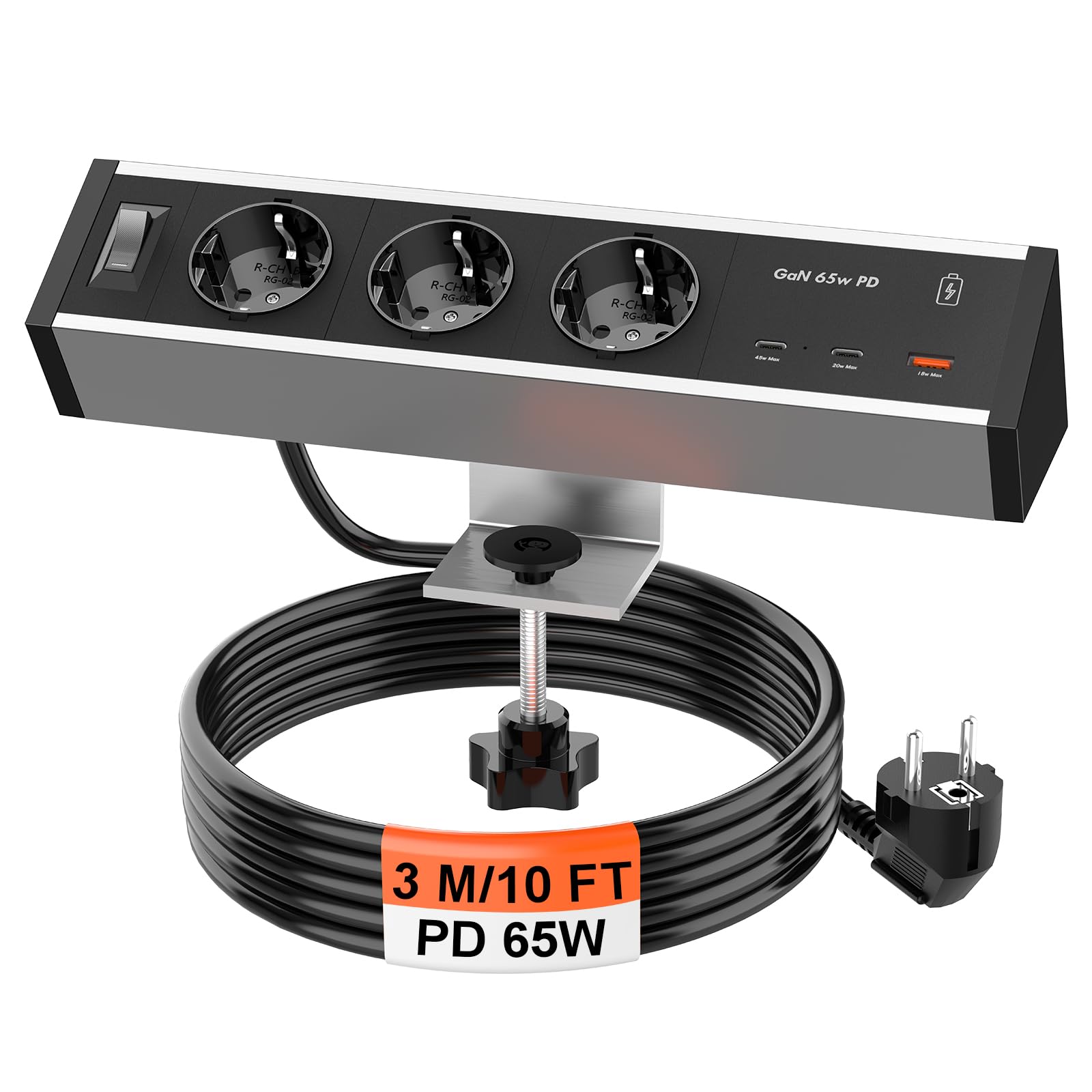 Enchufe de Mesa de Aluminio con 3 enchufes con 2 USB C GAN PD de 65 W y Cable de 3 m, regleta de enchufes para Escritorio con Interruptor, para casa, Oficina, Color Plateado y Negro