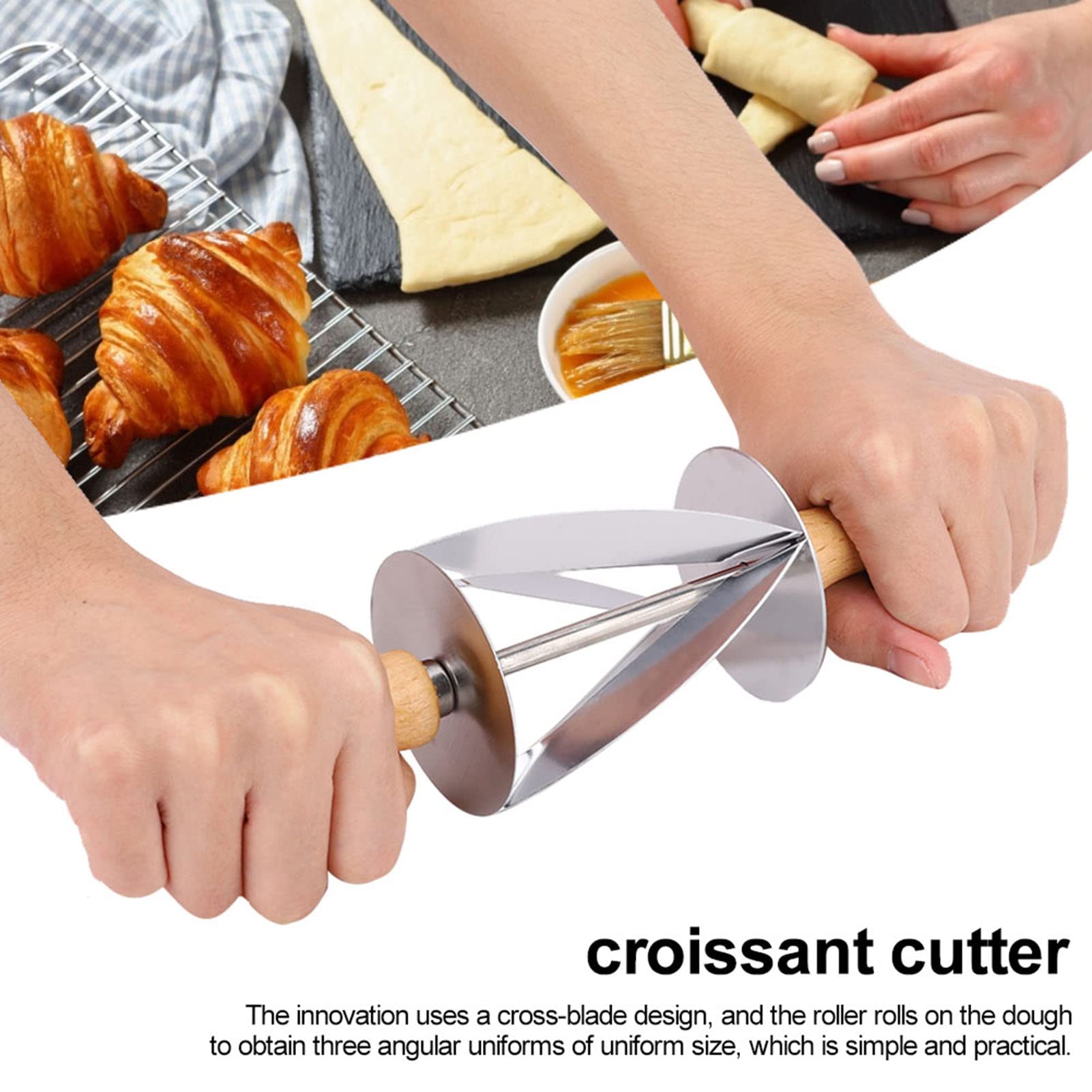 Stainless Steel Dough Cutter for Croissant Baking, Roller with Tight Welding, Easy to, Made of Food Grade Material, Round Rubber Wood Handle