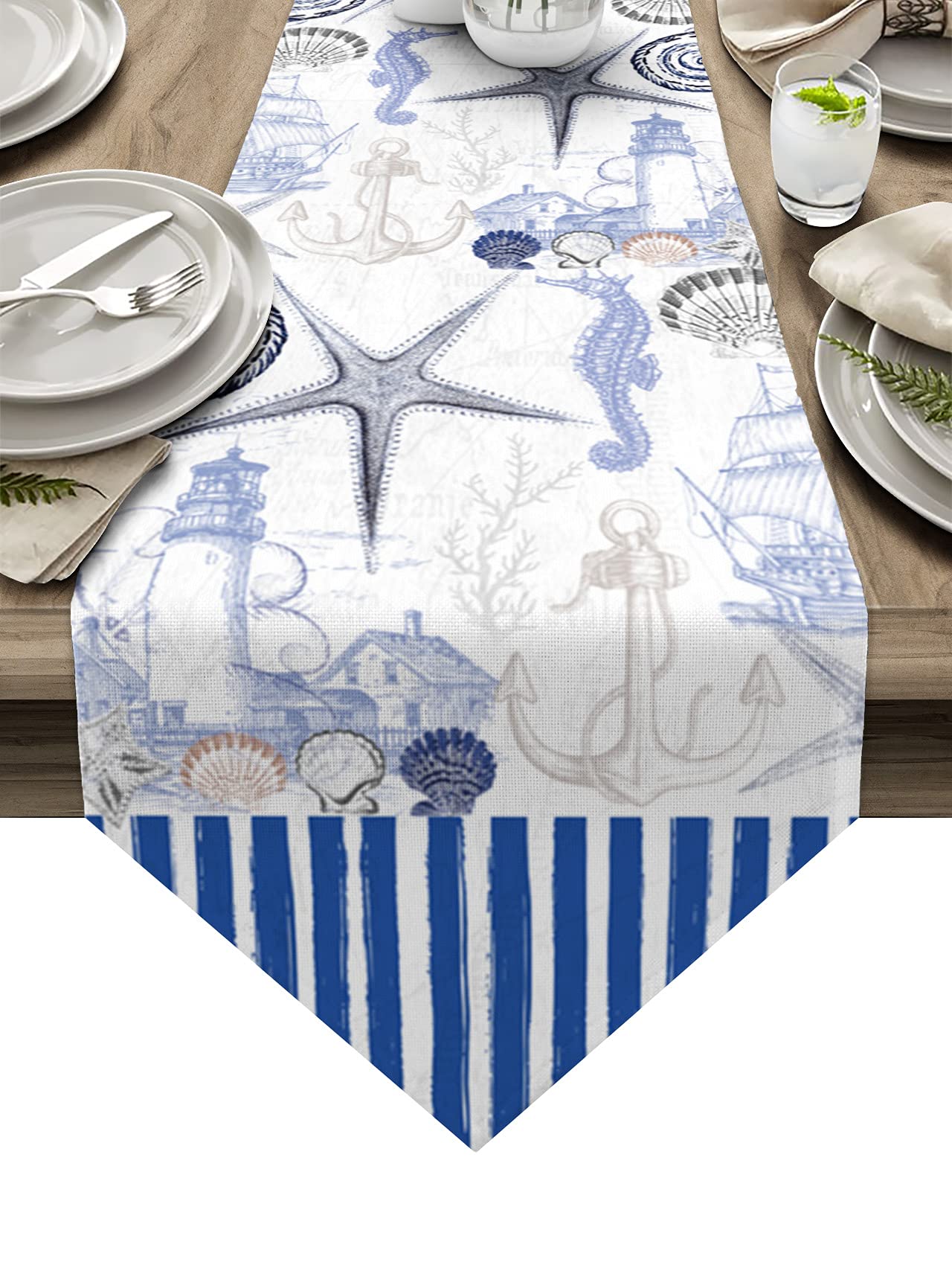 LooPoP Blue Tropical Beach Seashell Table Runner-Cotton Linen-Long 70 Inches Dresser Scarves, Starfish ConchTable Runner for Wedding Dining End Table Decor