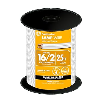 Southwire 55682121 25-Feet 16-Gauge, 2 Conductor 16/2 Type SPT-2 Lamp Cord-Service Parallel Cord with Thermoplastic Insulation, White