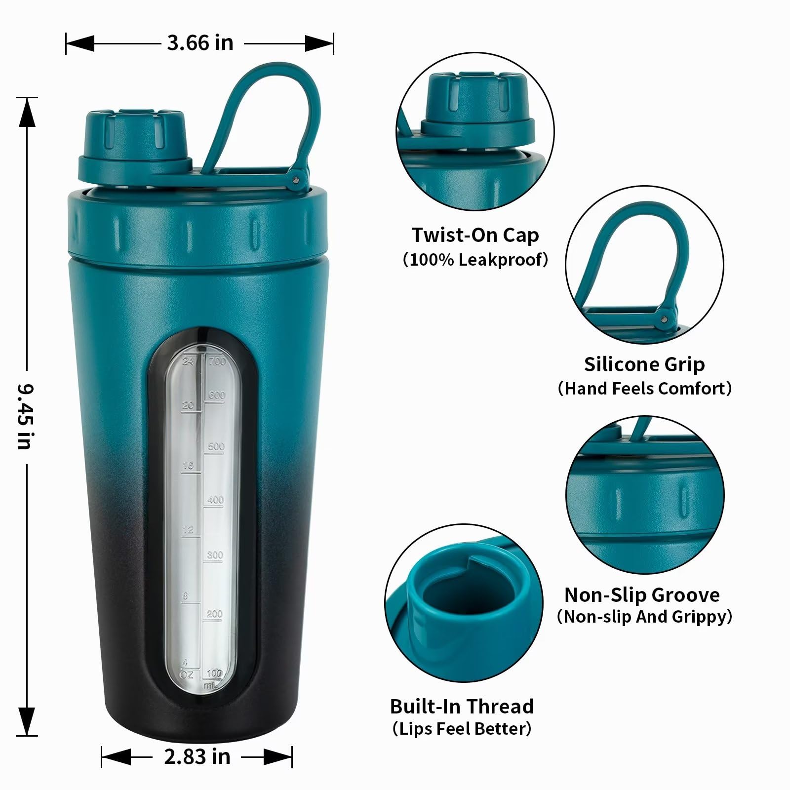 TOOFEEL Shaker Cups pour boissons protéinées – Bouteille shaker en acier inoxydable de 800 ml, ne reste pas froid/chaud, fenêtre visible avec 2 boules shaker, bouteille shaker en métal pour exercices