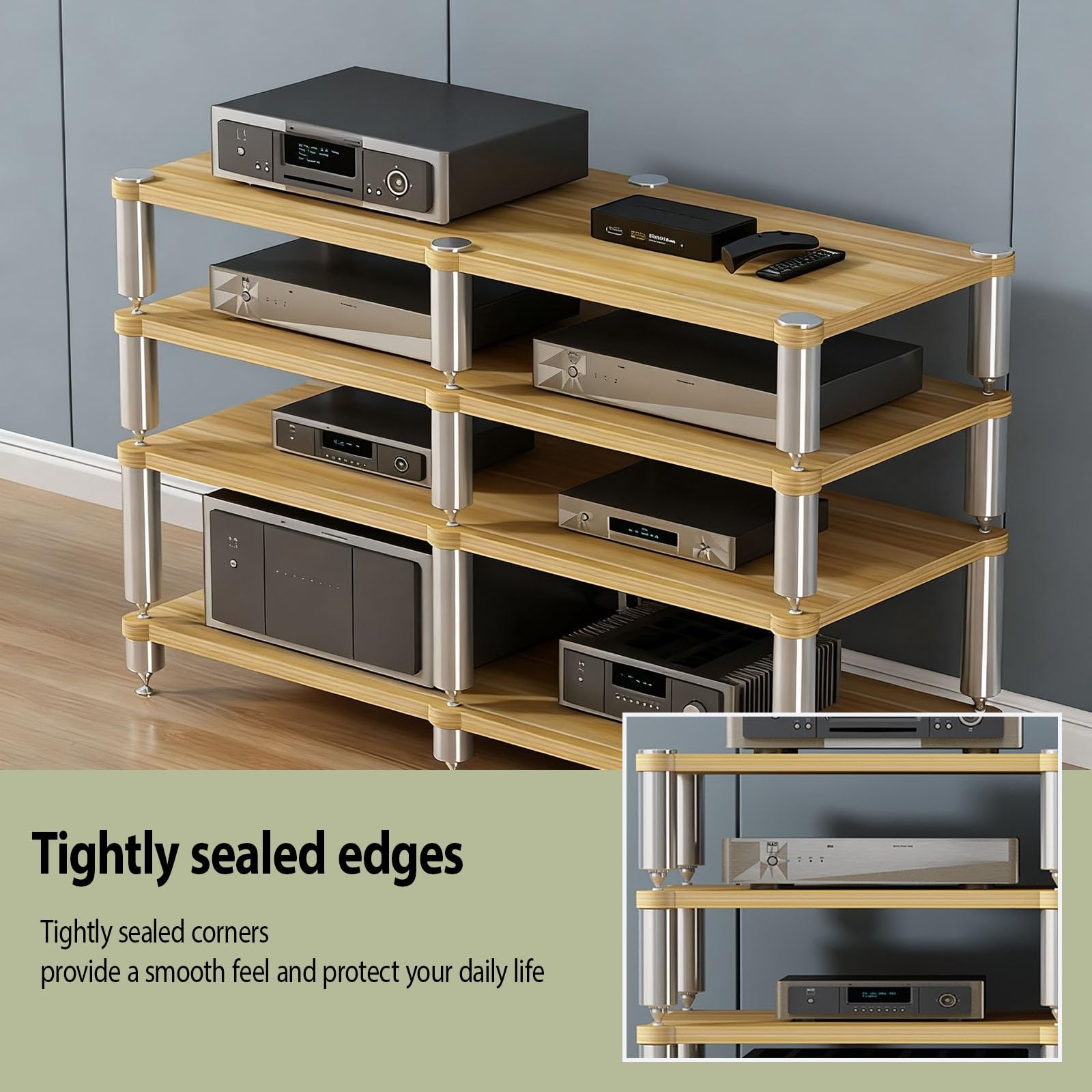 Soporte de madera abierto de 2 niveles con patas amortiguadoras de golpes para consolas de videojuegos, CD y DVD, elegante diseño negro