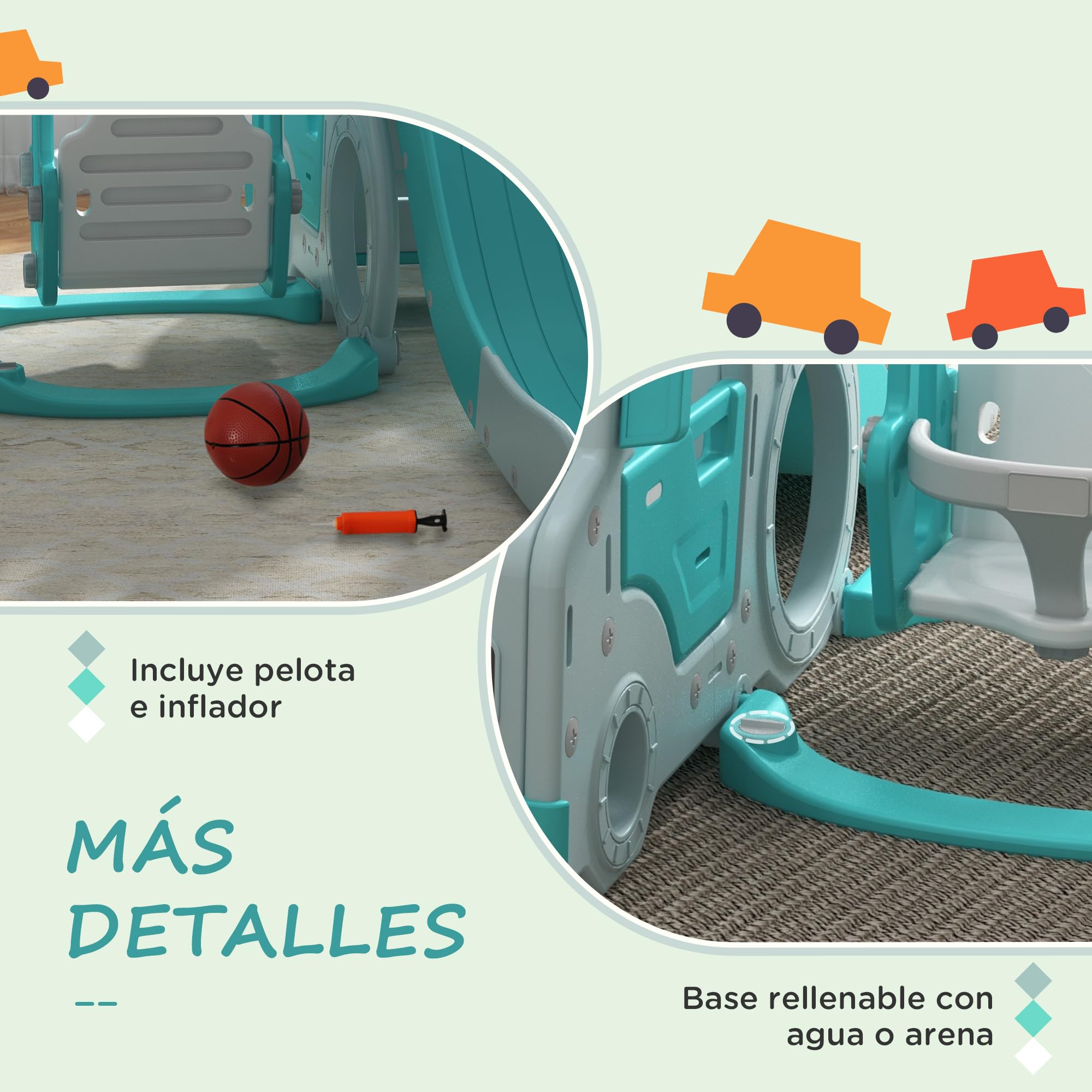 AIYAPLAY Juego de Tobogán y Columpio para Niños 6 en 1 Parque Infantil Tobogán para Bebés de 18-48 Meses con Volante Bocina y Baloncesto Carga 50 kg 201x151x87,5 cm Azul Claro
