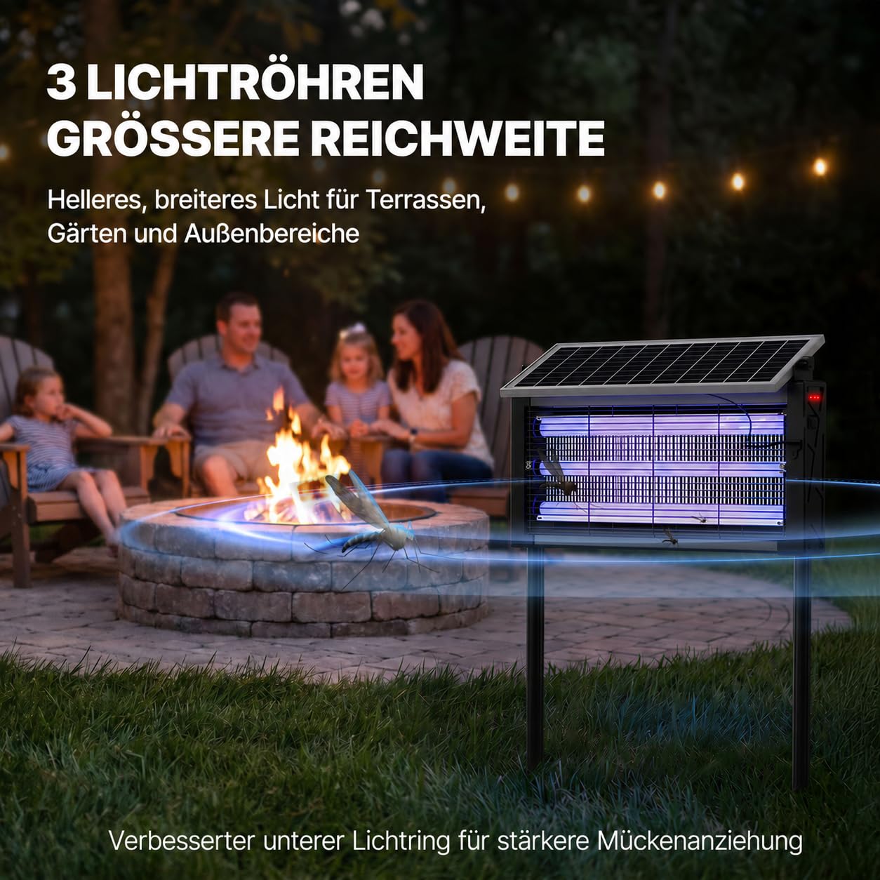 OGERY Solar-Insektenvernichter für Außen, 3000 V Mückenfalle, 3 UV-Röhren, 6000 mAh Akku, per USB wiederaufladbar, IPX4, Dämmerungssensor, 4 m Kabel und Erdspieß für Garten, Terrasse, Camping