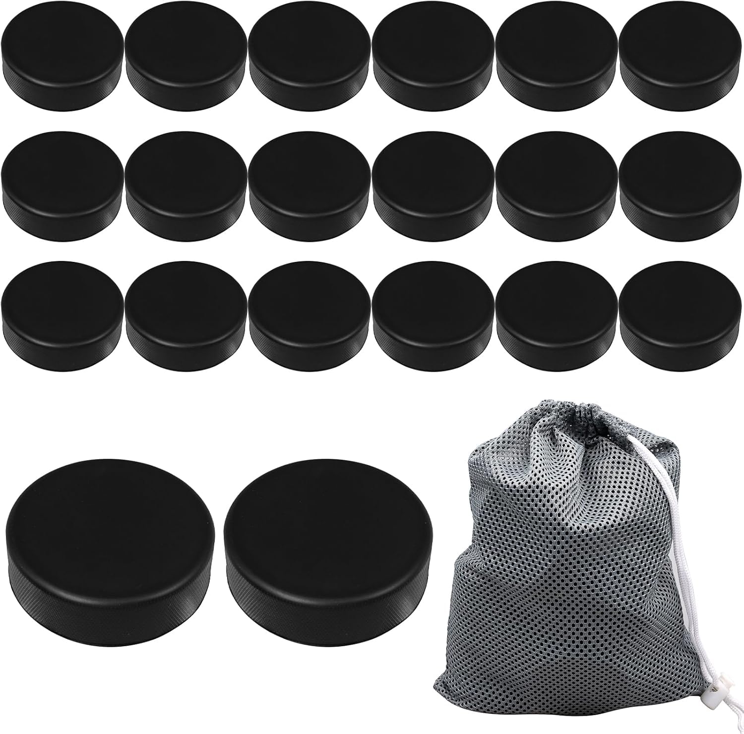 Xaztr 20 Pack Ice Hockey Pucks, Foam Hockey Pucks Soft Hockey Puck Bulk with Reusable Mesh Bag for Practice and Classic Training, Diameter 3", Thickness 1", Black