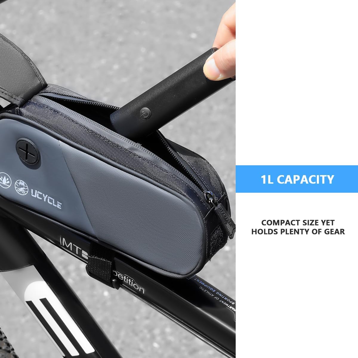 Top Tube Bike Bag, Bicycle Front Frame Bag Accessories Pouch -1L (Black) | Water-resistant Lid, Side Mesh Pocket, Headphone Jack