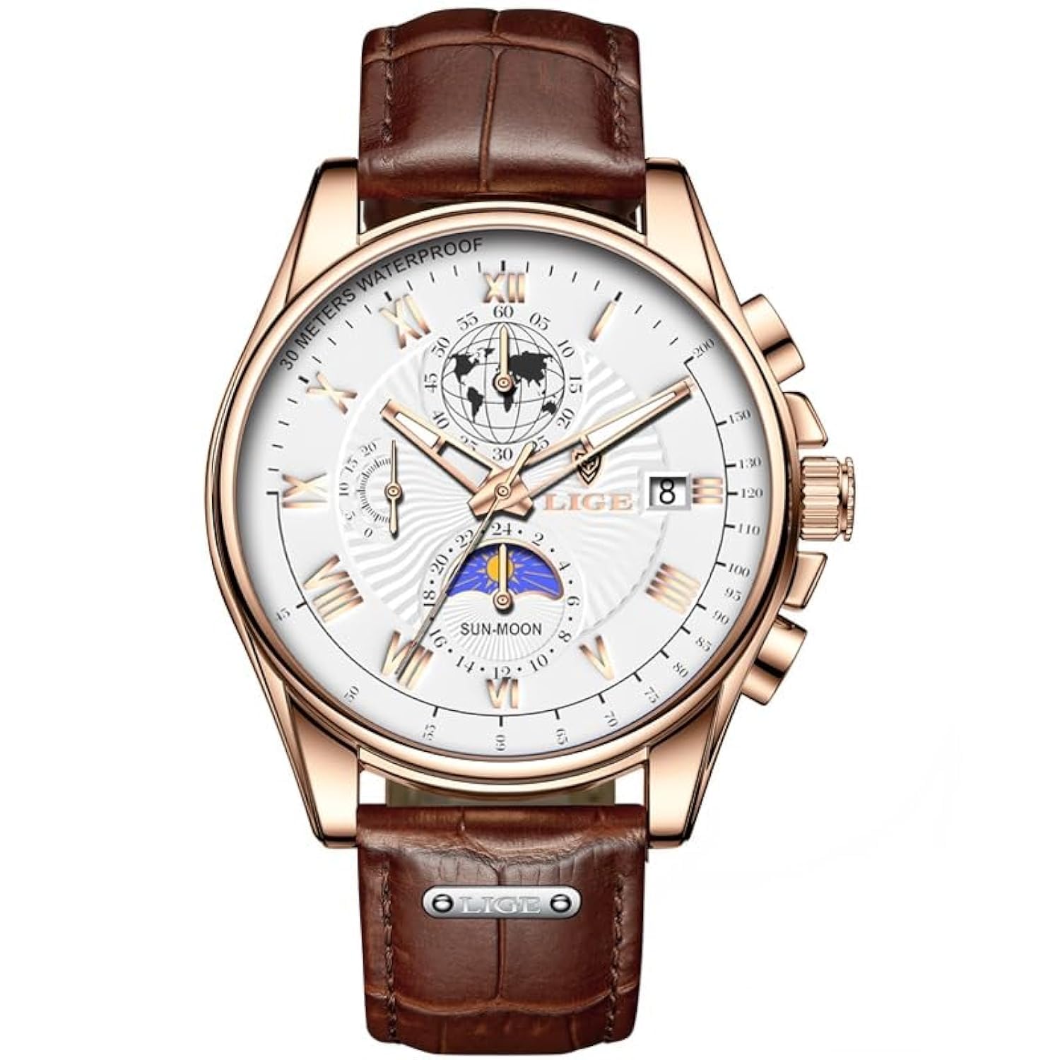 LIGE Moon Face Business Watch For Men's, Date Display and chronograph Function in Pure Leather Strip, Fashion Quartz Watch
