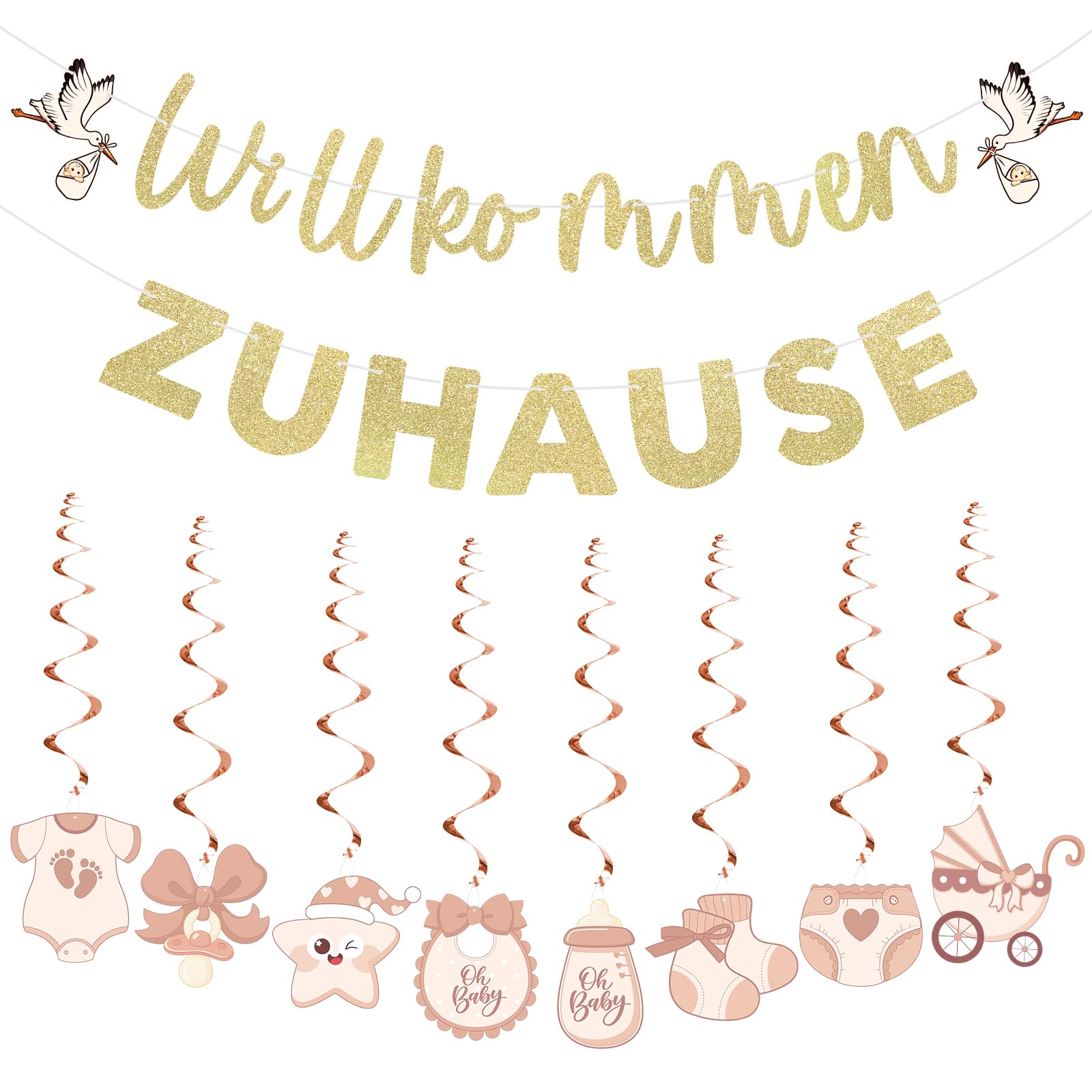 jijAcraft Willkommen Zuhause Baby Deko Set: Aufgefädelt Beige Gold Willkommen Girlande mit 8 Hängespiralen zur Geburt, Glitzer Welcome Home Baby Banner für Deko Babyparty, Baby Shower Neutrale