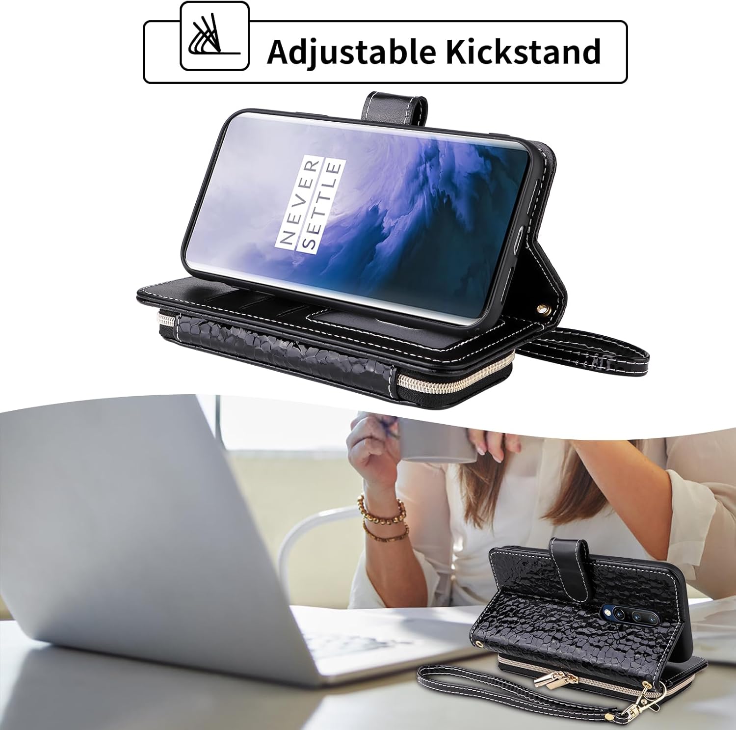 Argyle Wallet Case for OnePlus 7 Pro with 2 Lanyard Luxury PU Leather KickStand Zipper Purse Shockproof Cell Phone Cover for OnePlus7Pro 5G One Plus 1+7 1Plus OnePlus7 7Pro One+ 1 + Seven Black