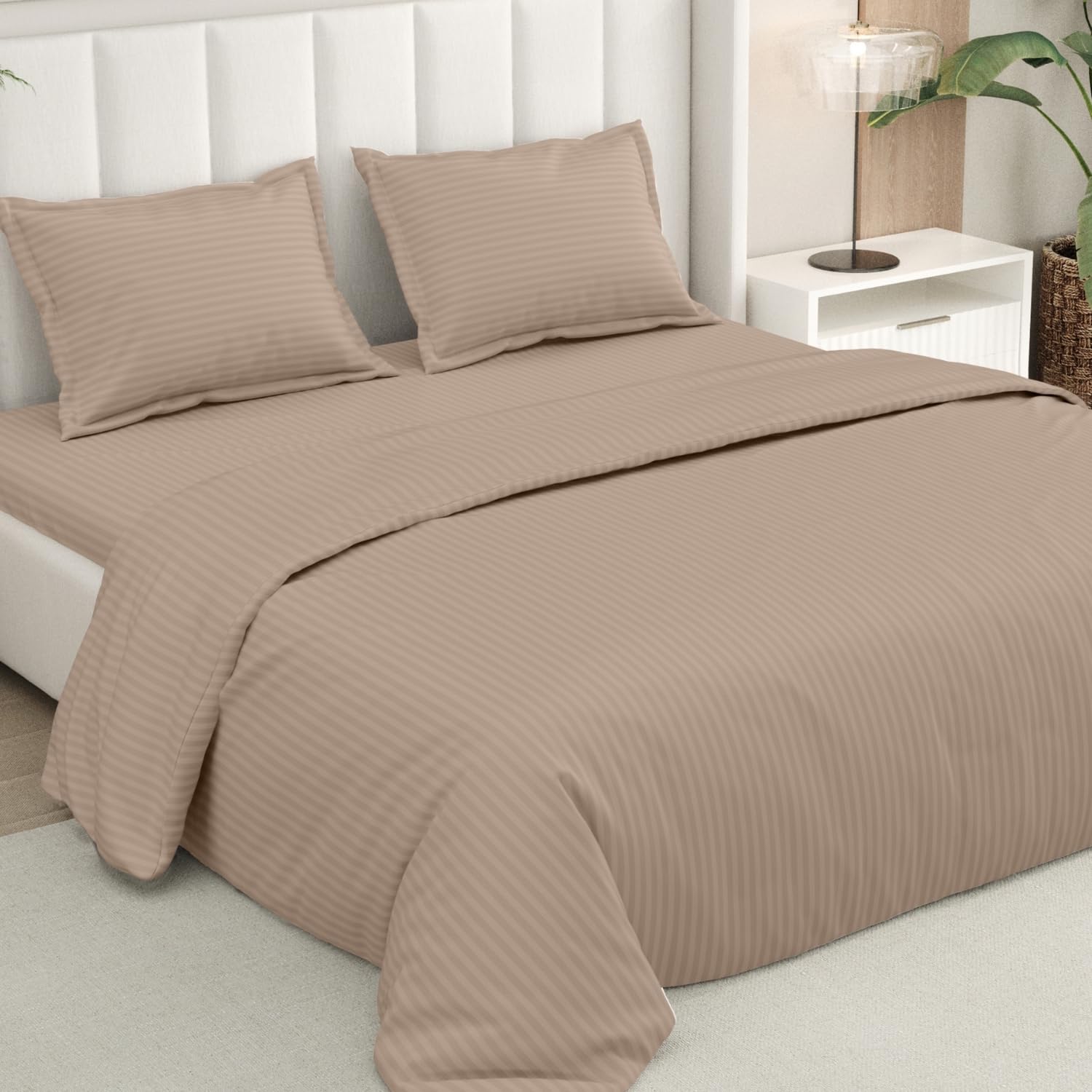 Double Bed Satin Stripe Bedsheet with 2 Pillow Covers, 200 TC Microfiber Double Bed Sheet, Beige, 90x98 Inch-image-45