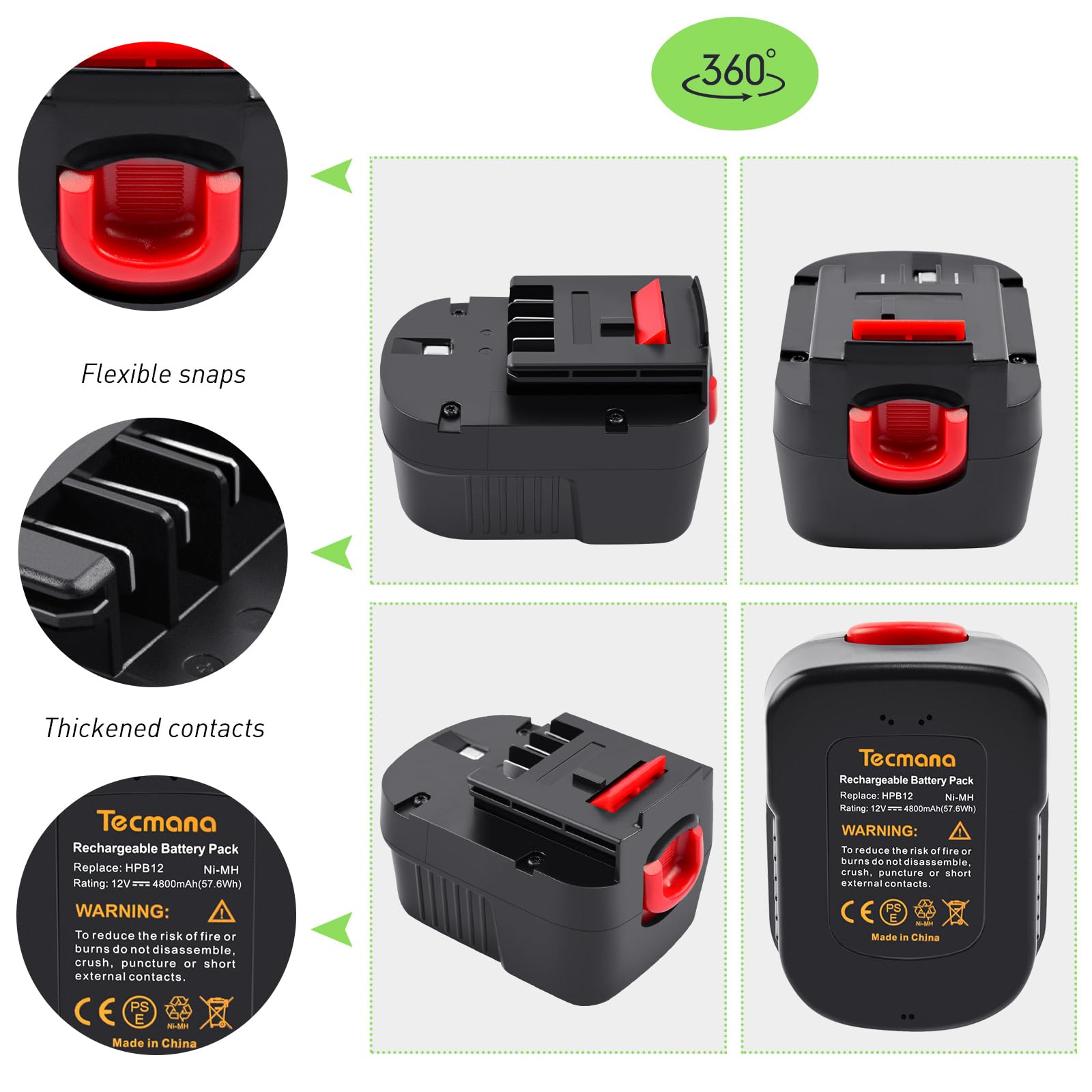 12V 4,8Ah Batería para Black+Decker A12 HPB12 A12E A12-XJ A12EX FSB12 FS120B FS120BX A1712