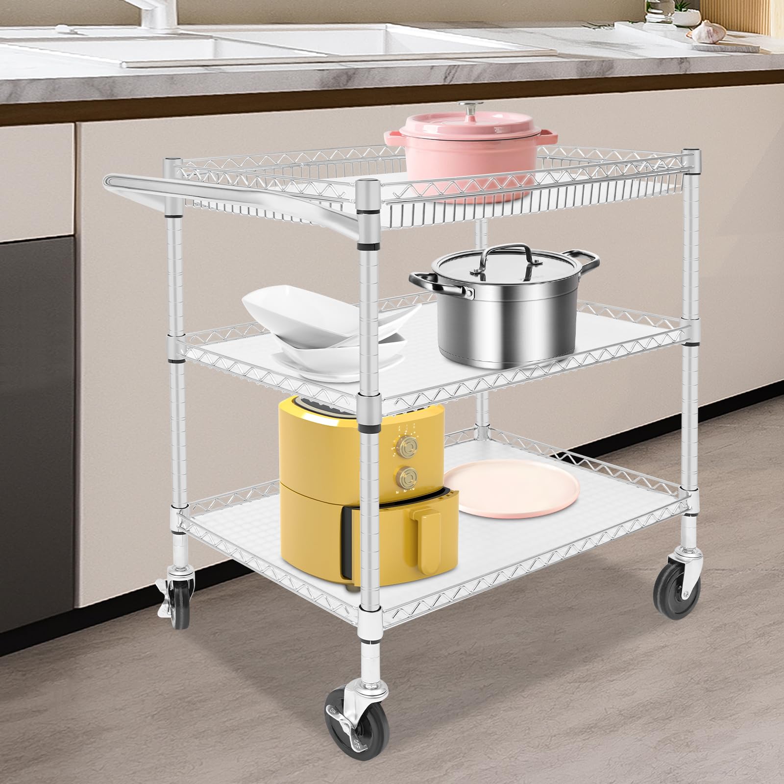 Carro de servicio de acero inoxidable para cocina, carrito de transporte con 4 ruedas universales (2 x frenables), 3 niveles, capacidad de carga por nivel, 150 kg, 76 x 46 x 82,6 cm, para