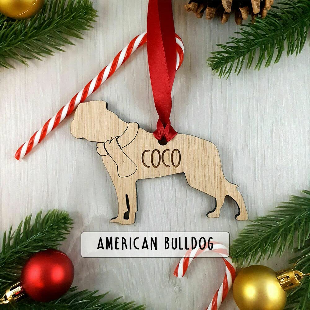 My Pretty Little Gifts Wood Personalised American Bulldog Oak Dog Bauble Decoration - Christmas Tree Gift Pet Xmas