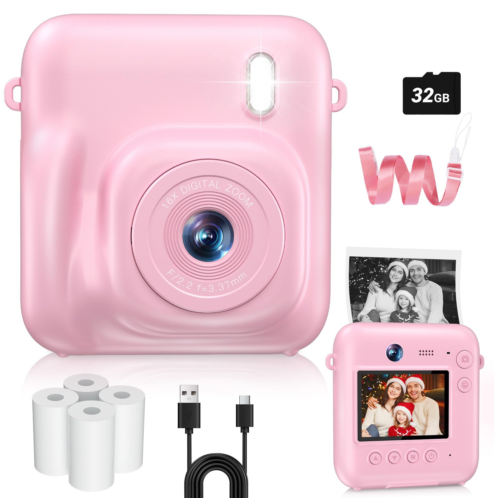 Digital Camera for Kids Instant Print, 48MP Dual-Lens Kids Camera for Girls Boys Christmas Birthday Gifts, 1080P Video Selfie Instant Cameras, Portable Toddler for 4-12 Years with 32GB Card-Pink