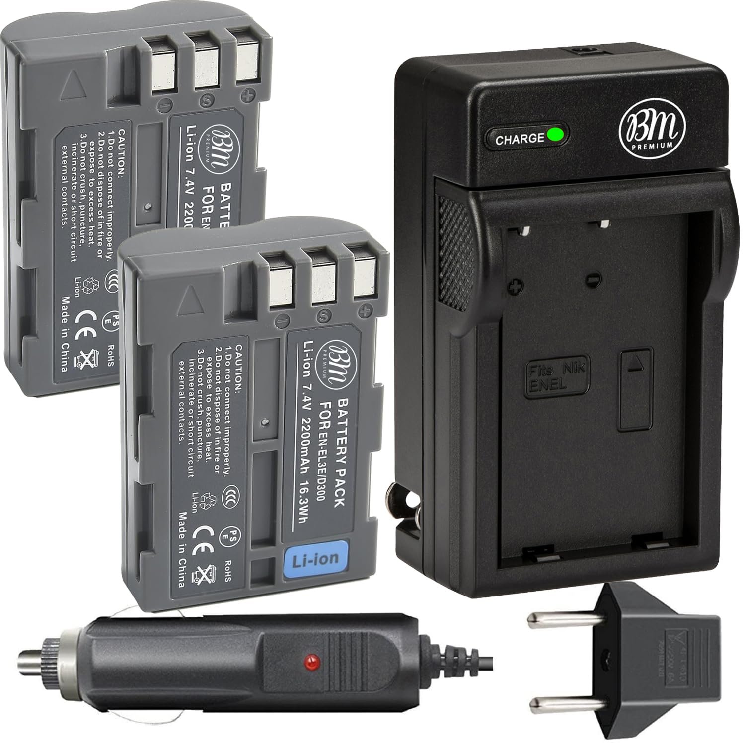 Big Mike's BM Premium 2 Pack of EN-EL3e Batteries and Battery Charger for Nikon D50, D70, D70s, D80, D90, D100, D200, D300, D300S, D700, D900 Digital SLR Camera