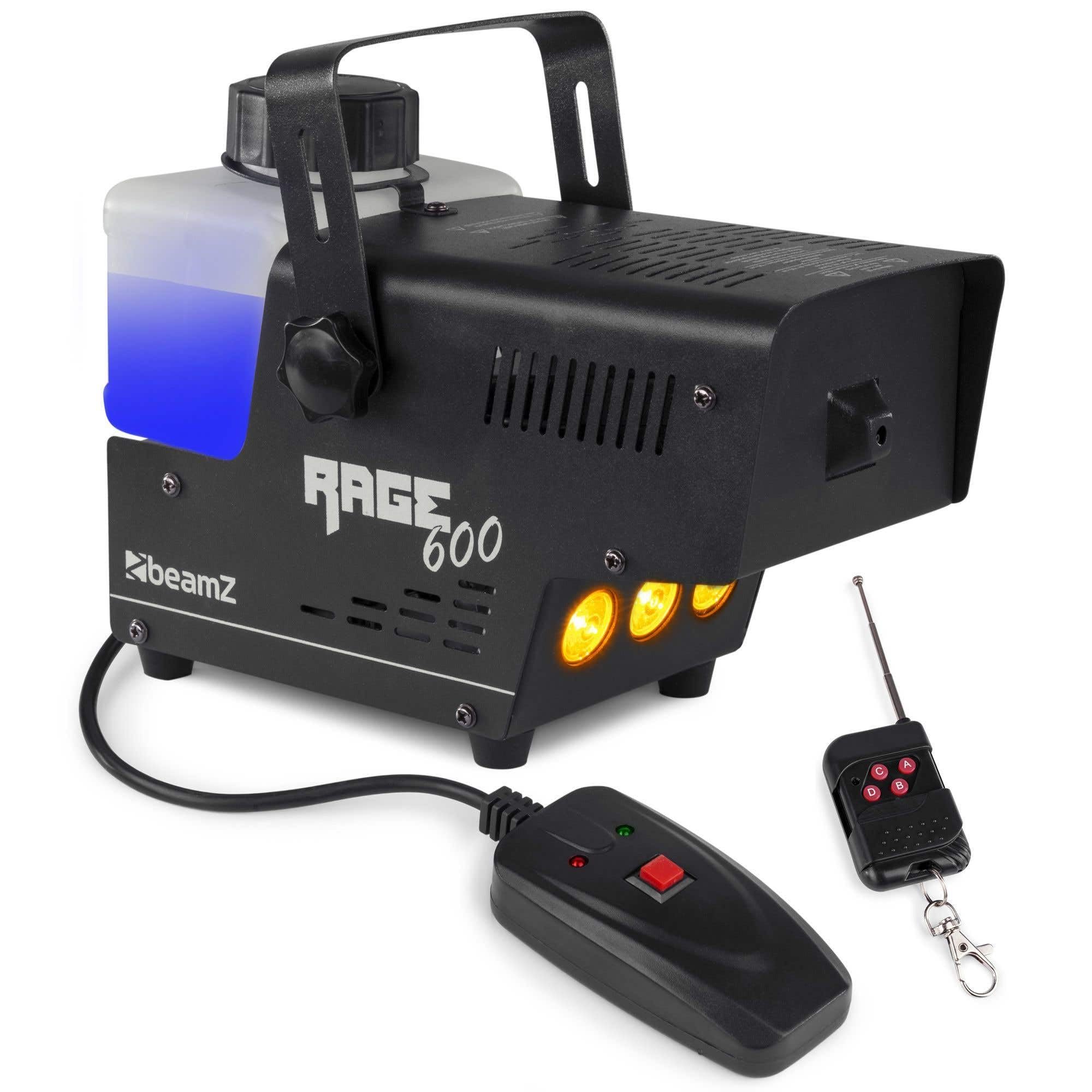 BeamZ RAGE600LED Mini Nebelmaschine mit Fernbedienung, 600 Watt Fogger mit LED Lichteffekt, 2 Liter Tank Fog Machine, Smoke Machine für DJ Lichteffekt, Nebelmaschine Halloween für Partys & Hochzeiten