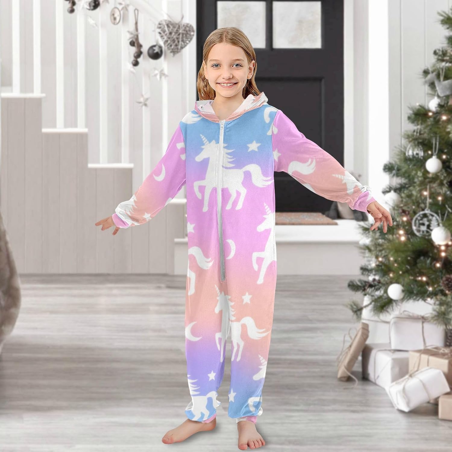 Blue and Pink Gredient unicorns SilhouetteUnisex Onesie PajamasLong Sleeve Hooded Holiday Costumefor Christmas Home