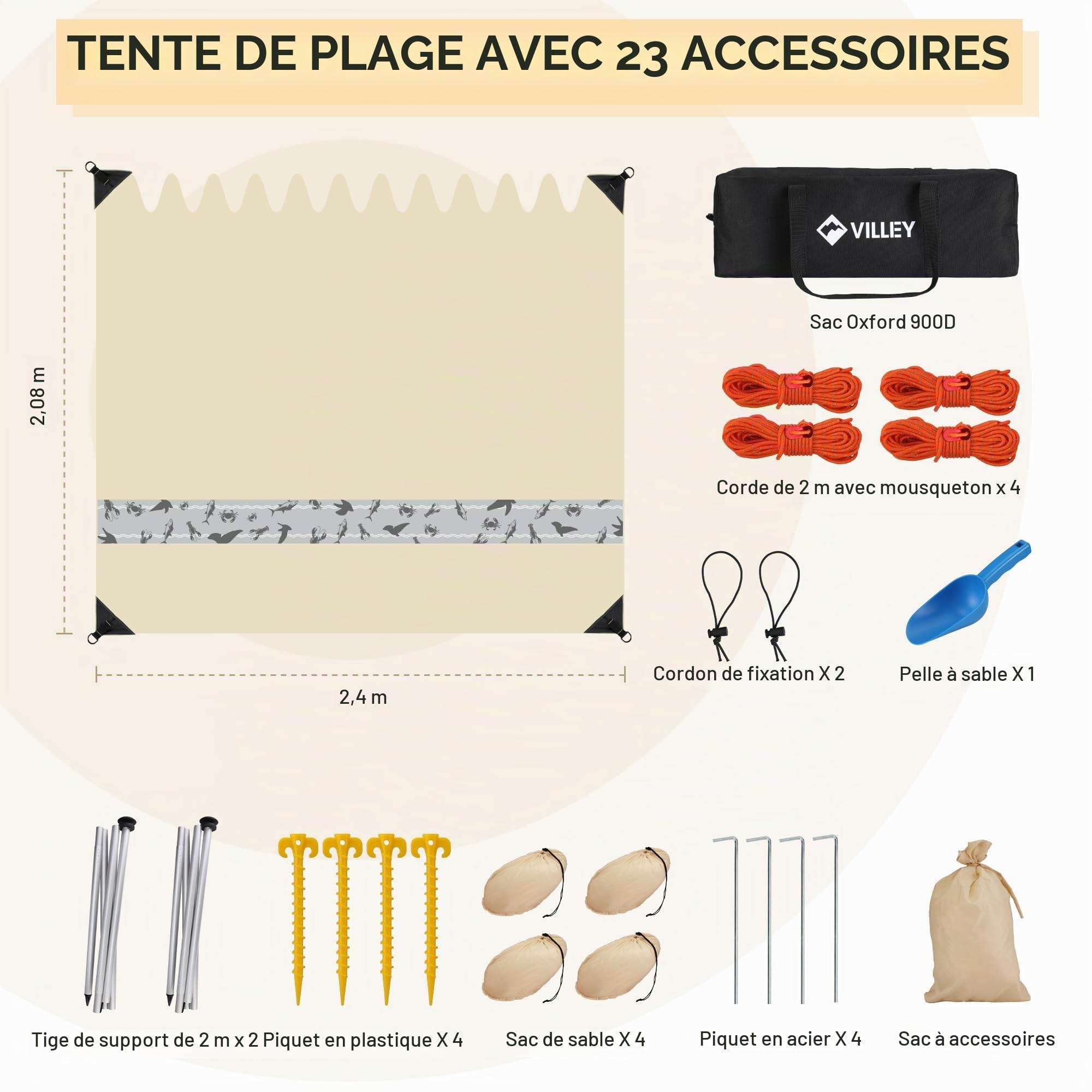 VILLEY Tente de Plage Anti-UV, UPF50+, Abris de Plage pour 3 Personnes | Lycra Tente avec 2 Pièces Poteaux en Aluminium et Sac de Sable pour Camping L'extérieur,2m x 2,4m