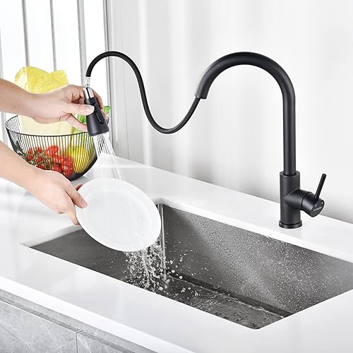 Miniatura 2 de KAYNLESS Grifo de cocina con rociador extraíble, grifo de cocina extraíble negro mate, grifo de acero inoxidable para fregadero de cocina de 15