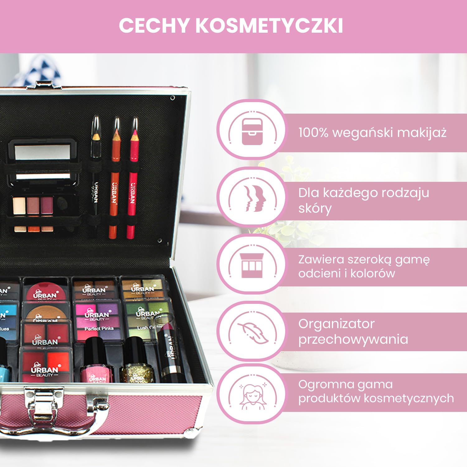 LOVE URBAN BEAUTY Wegański Gorący różowy kosmetyczka do makijażu 82-elementowy zestaw do makijażu dla nastolatków i kobiet z cieniami do powiek, różem