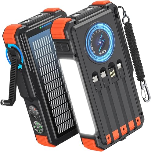 BLAVOR Solar Power Bank with Hand Crank and 4 Cables, 20000mAh Wireless Portable Charger with USB C & Camping Light, 20W Fast Charging Battery Pack for iPhone, iPad, Samsung, All Mobile Phones